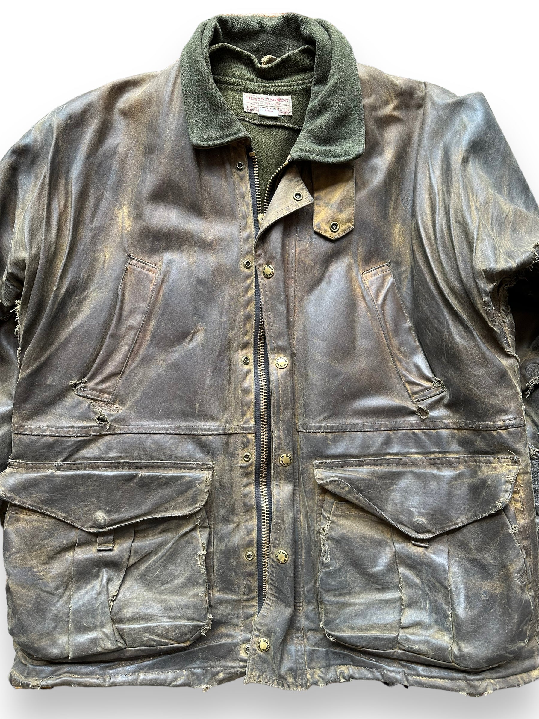 Front Detail on Filson Nasty Boy Tin Cloth Field Jacket SZ 42 |  Filson Tin Cloth Jacket | Vintage Workwear Seattle