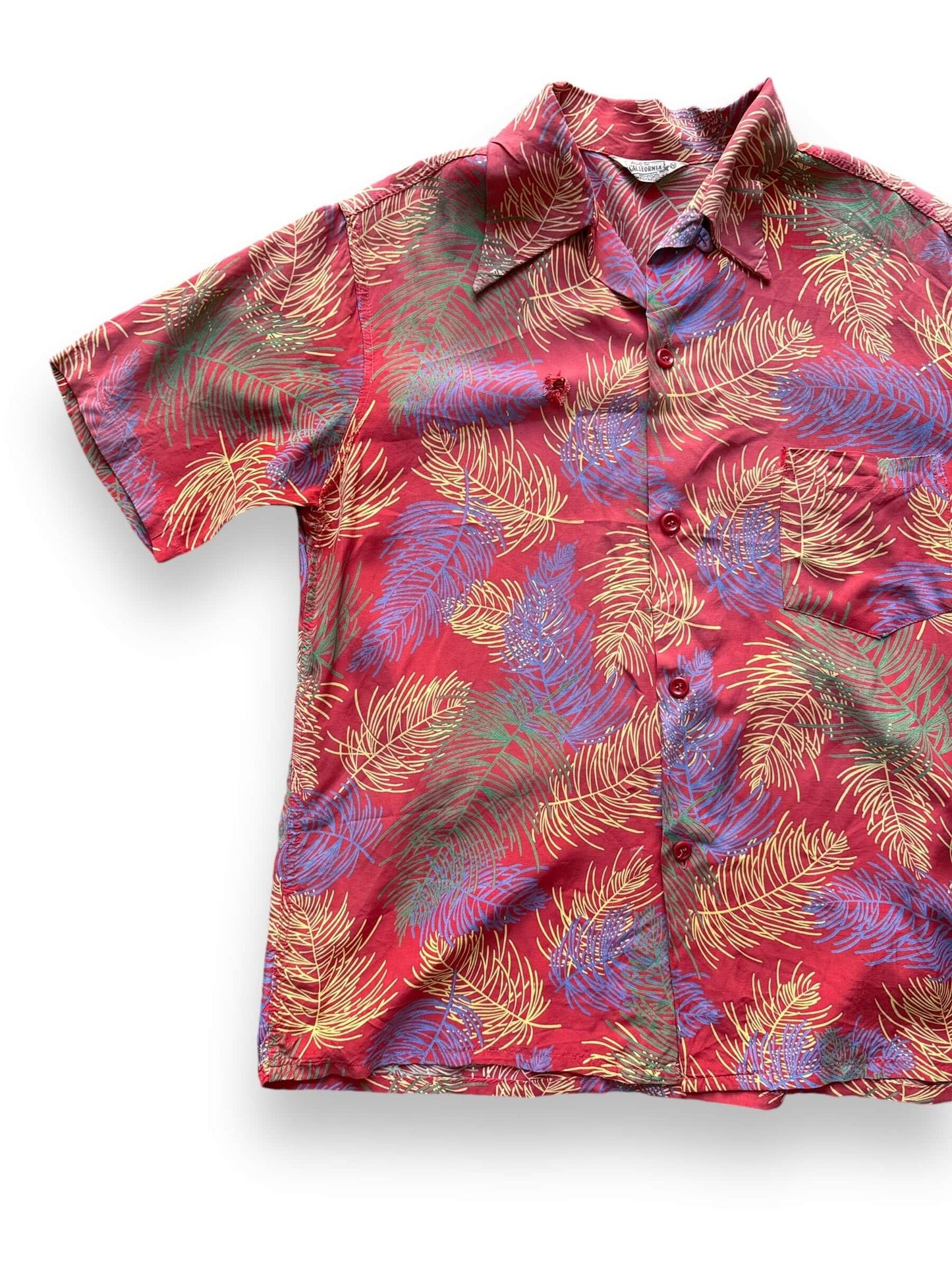 Front Left View of Vintage Abstract Made in California Rayon Aloha Shirt SZ M