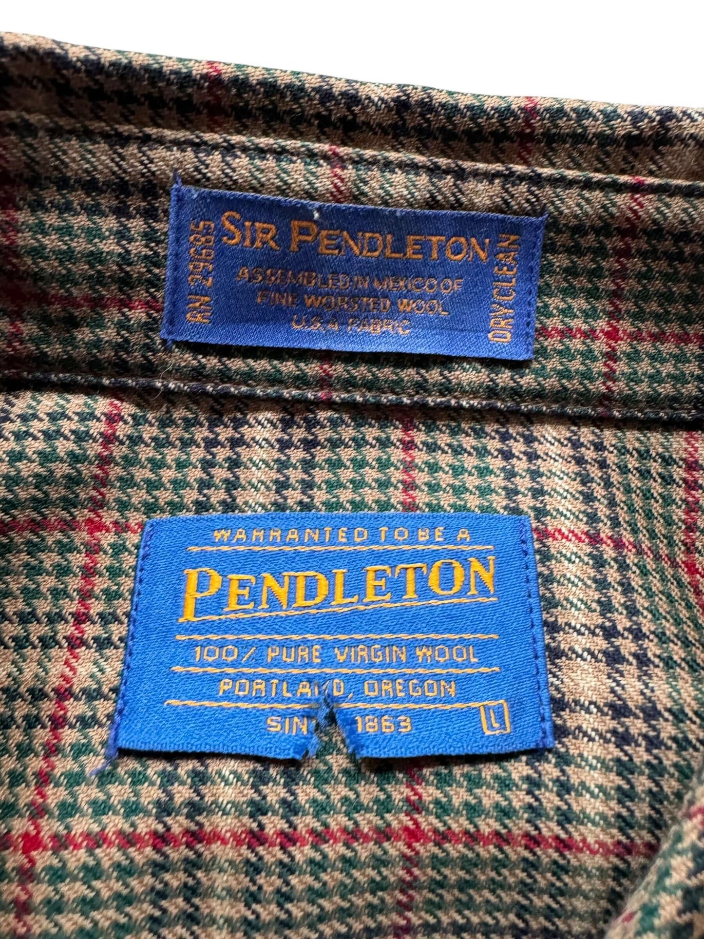 tag on Vintage Pendleton Worsted Wool Beige Plaid Flannel SZ L