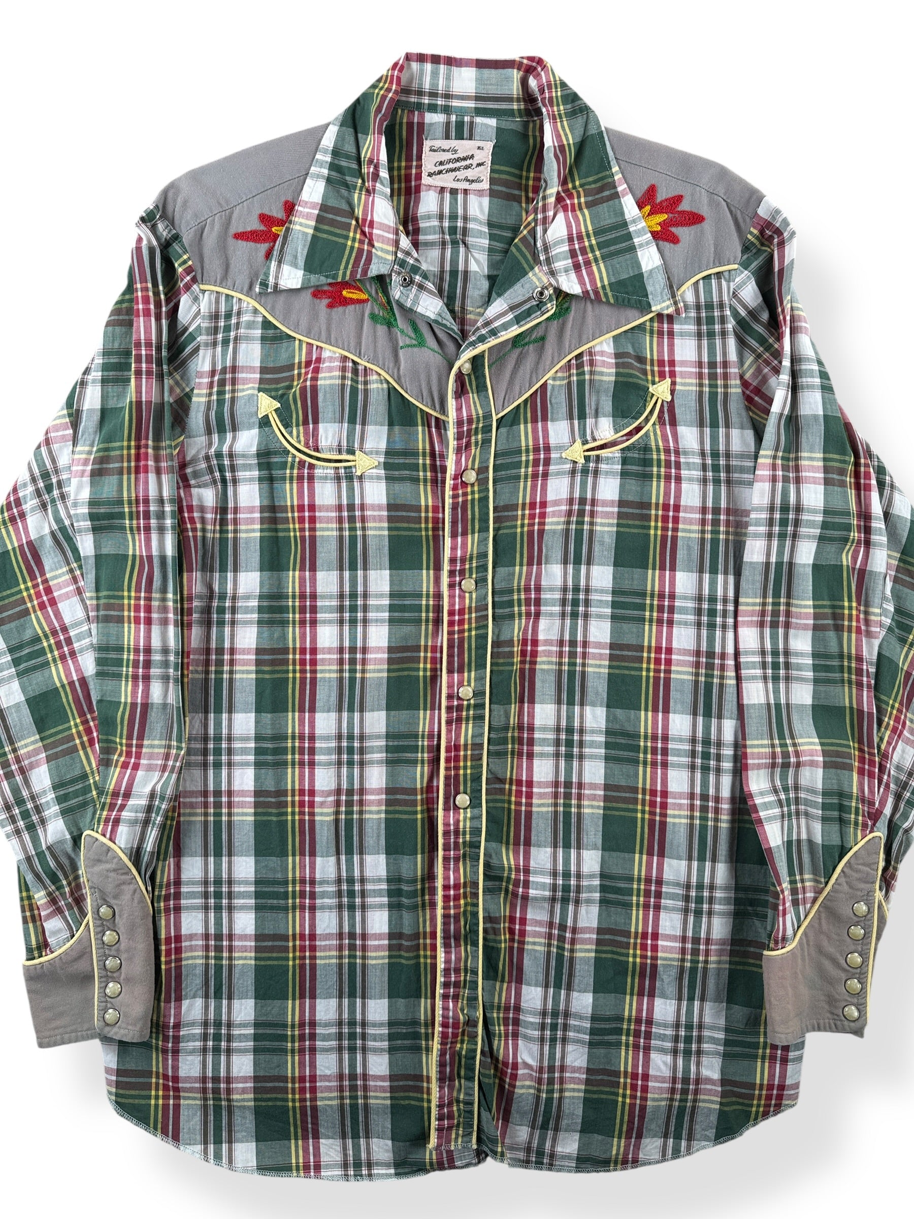 Front Close Up of Vintage California Ranchwear Plaid Pearl Snap SZ L