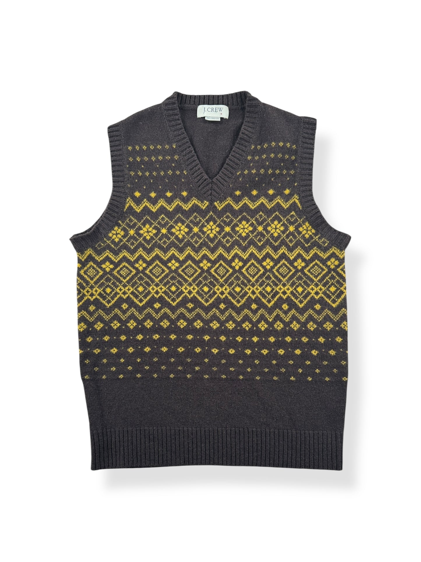 Front of Vintage J Crew Lambswool Brown and Yellow Vest SZ M