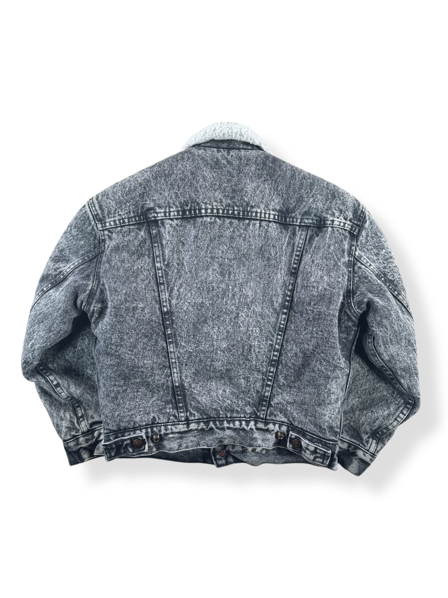 Back of Vintage Levis Grey Acid Wash Shearling Jacket SZ M (Fits S)