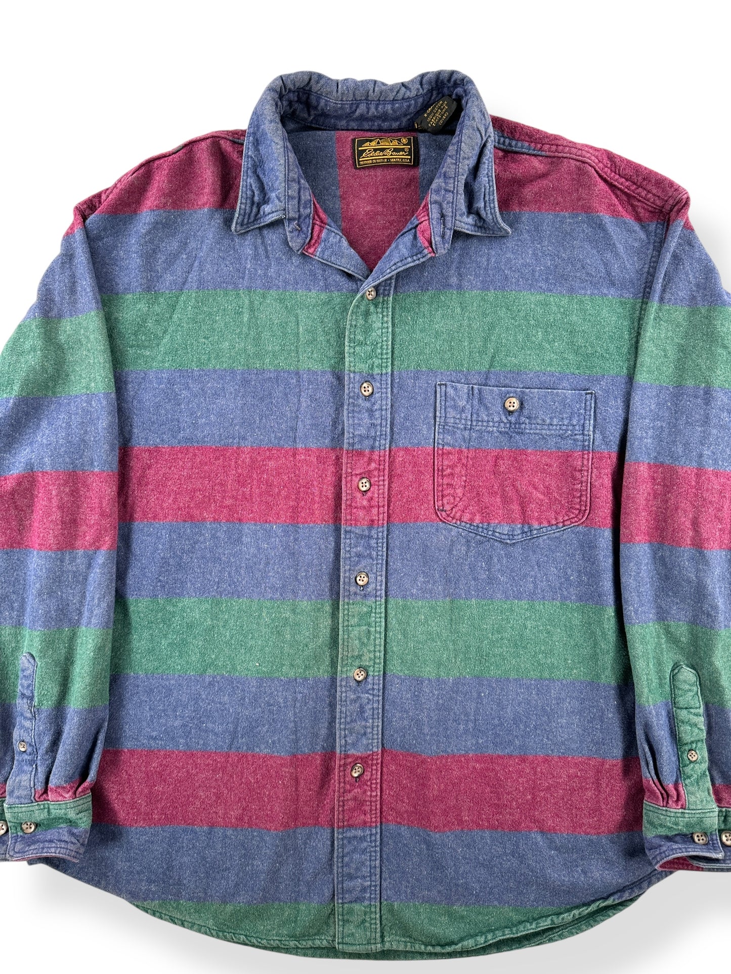 Front Close Up of Vintage Eddie Bauer Striped Chamois Shirt SZ XL
