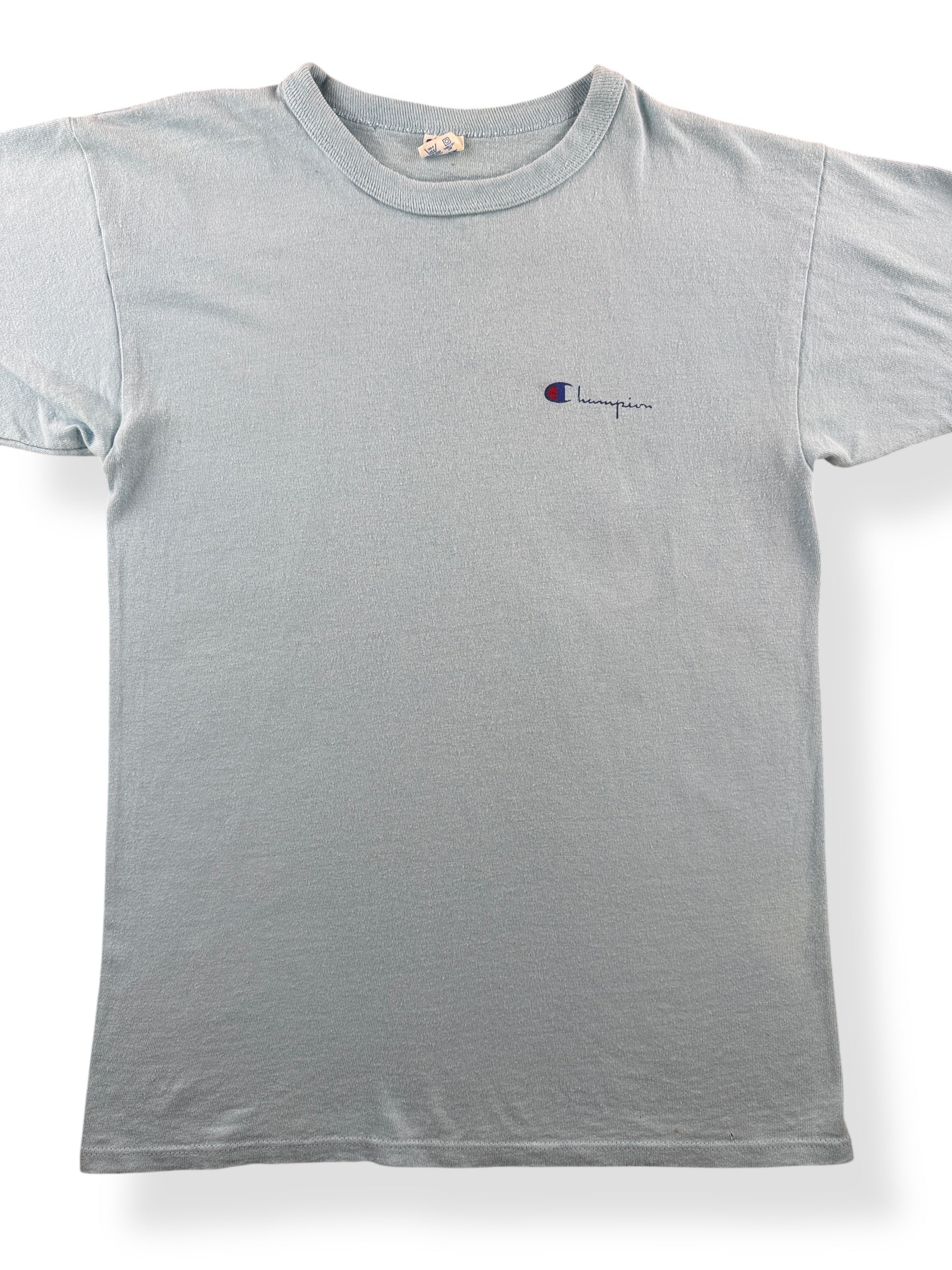 Front Close Up of Vintage Robin's Egg Blue Champion Tee SZ L (Fits M)