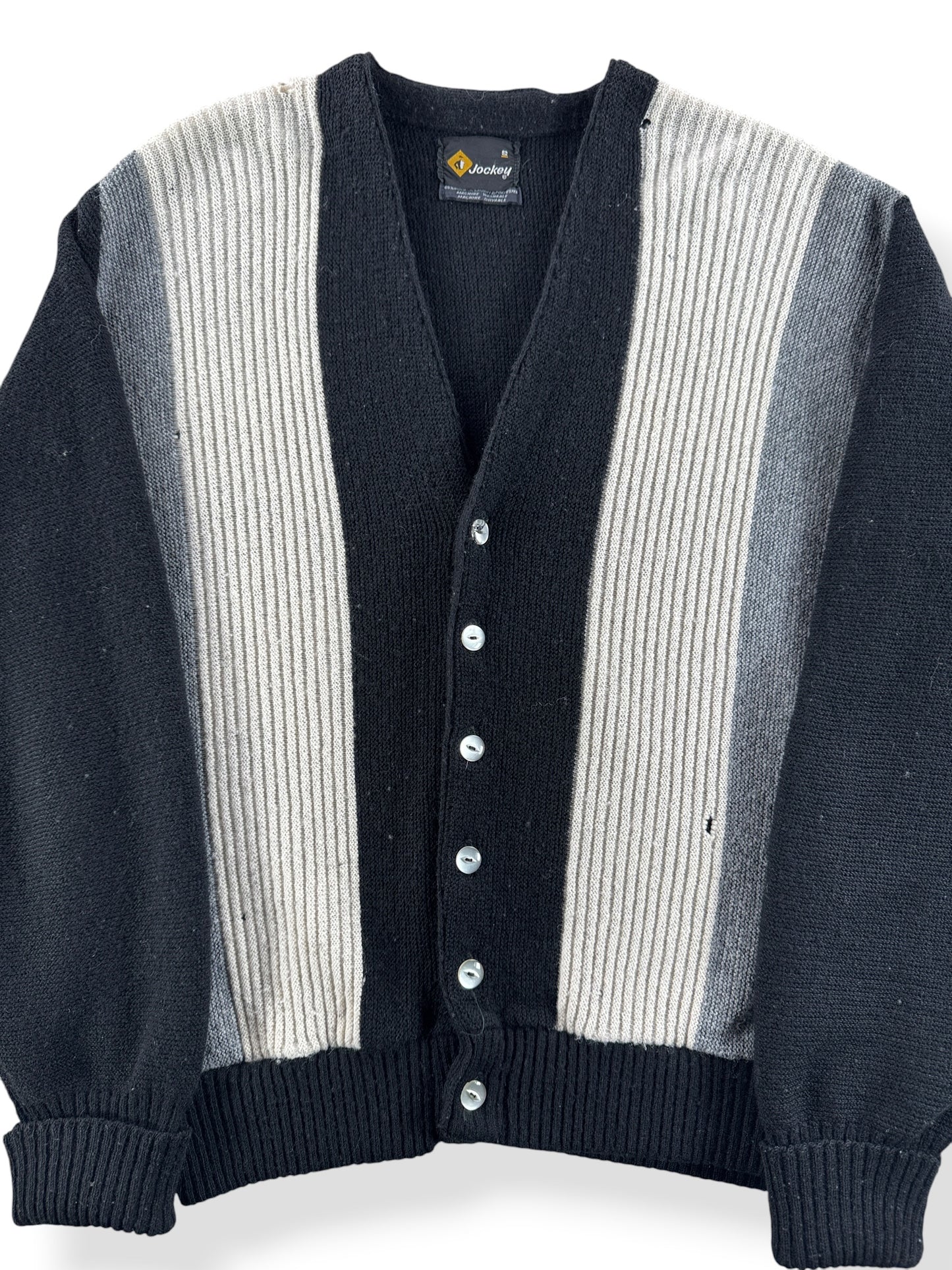 Front Close Up of Vintage Jockey 60s Stripey Cardigan SZ S - AS IS