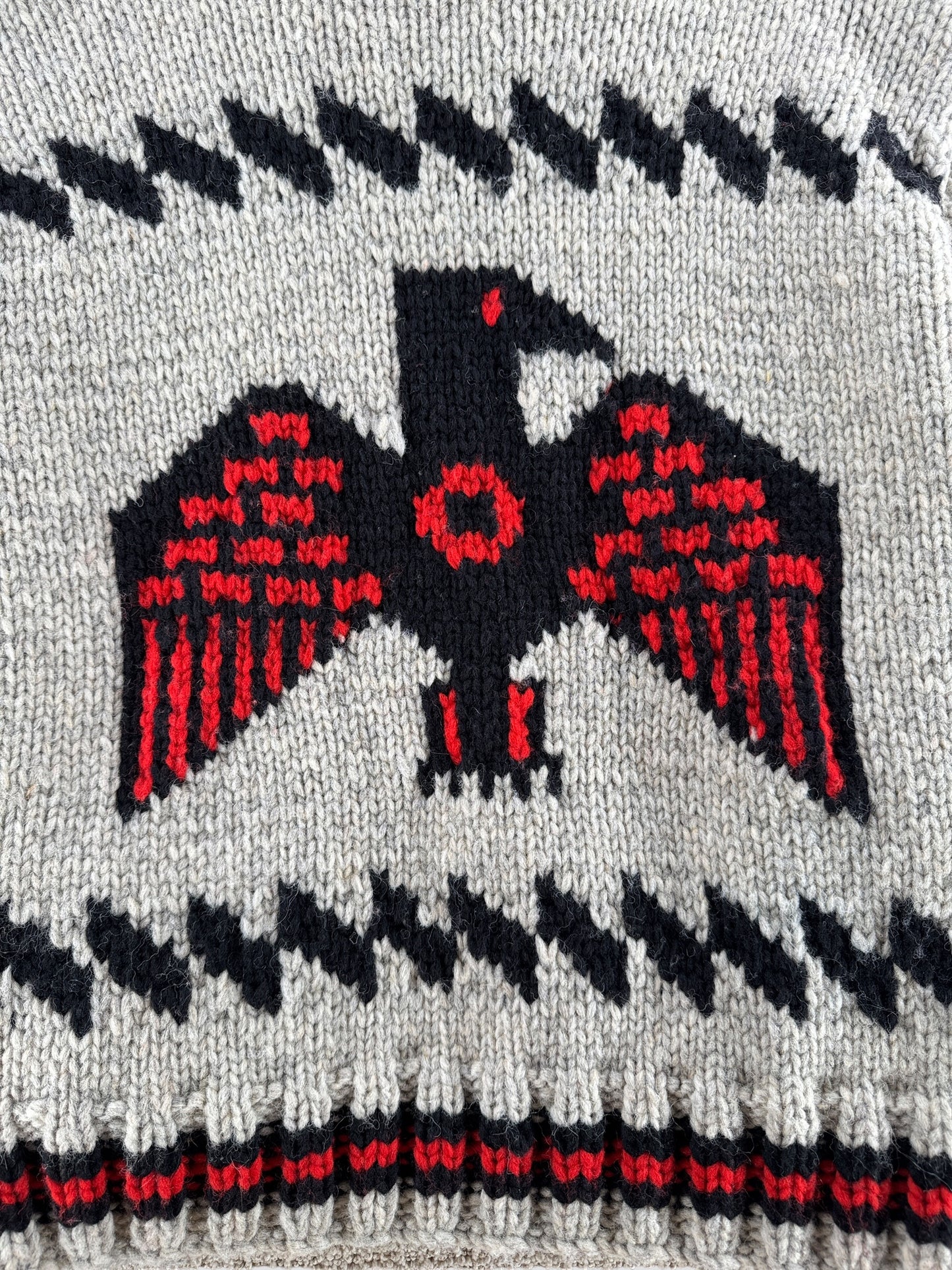 Close up of the back of Filson Limited Edition Thunderbird Cowichan Style Sweater SZ M