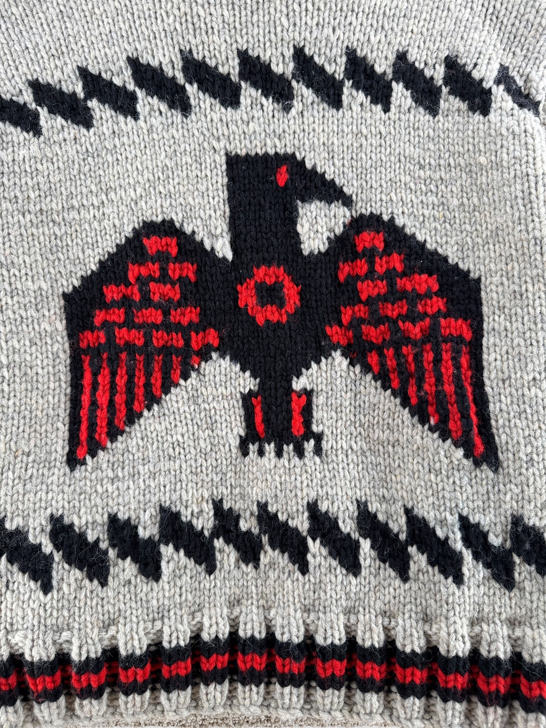 Close up of the back of Filson Limited Edition Thunderbird Cowichan Style Sweater SZ M