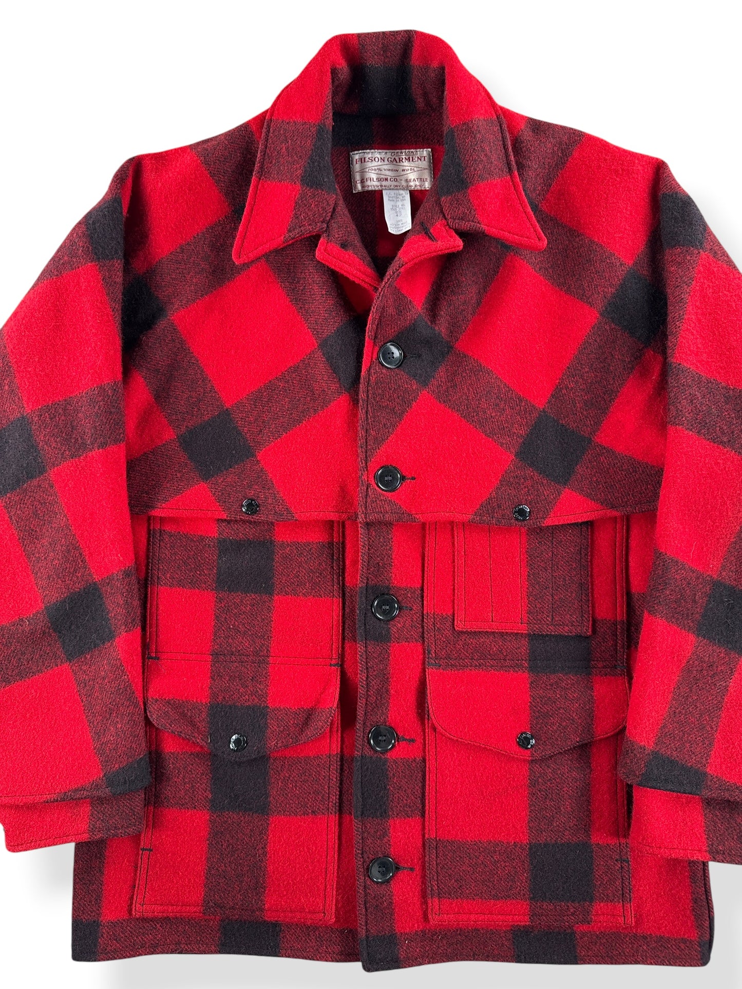 Front Close Up of Vintage Filson Buffalo Plaid Double Mac SZ 42