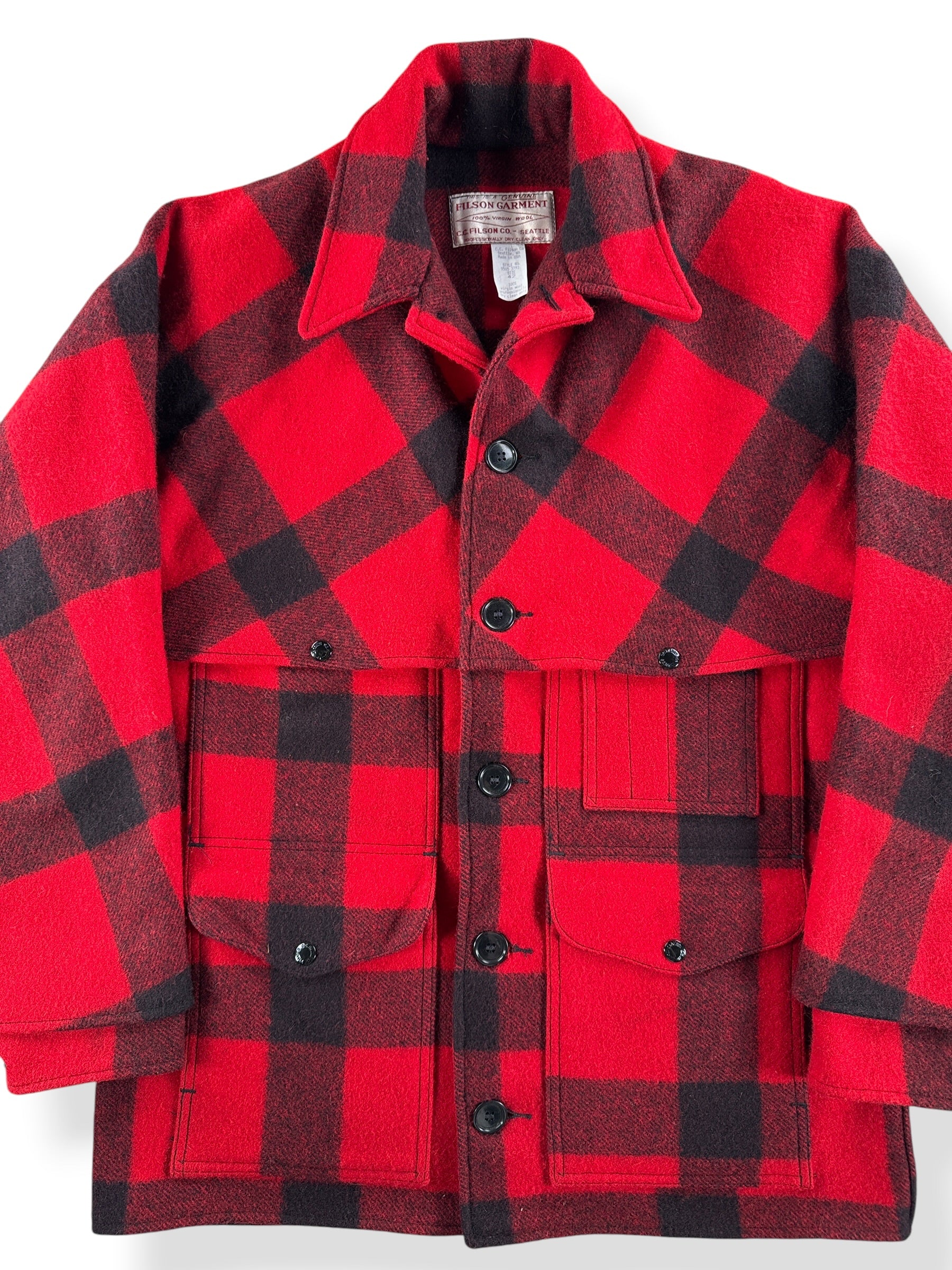 Front Close Up of Vintage Filson Buffalo Plaid Double Mac SZ 42