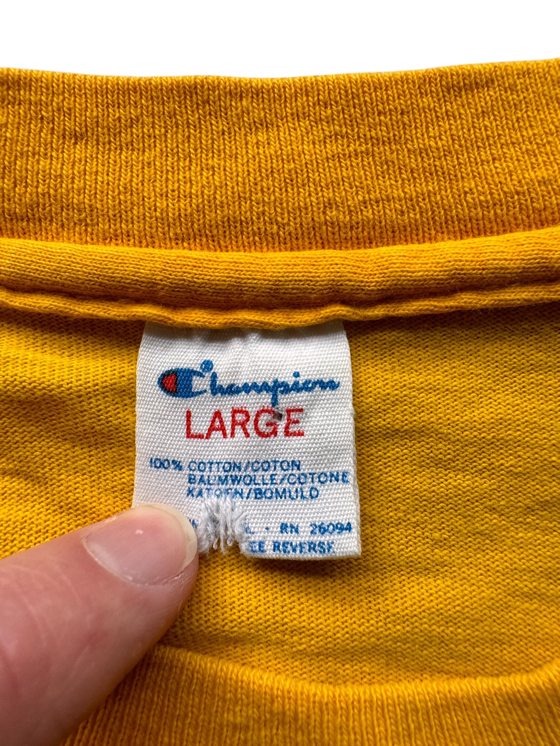 Tag on Vintage Champion Blue Bar Mustard Blank Tee SZ L