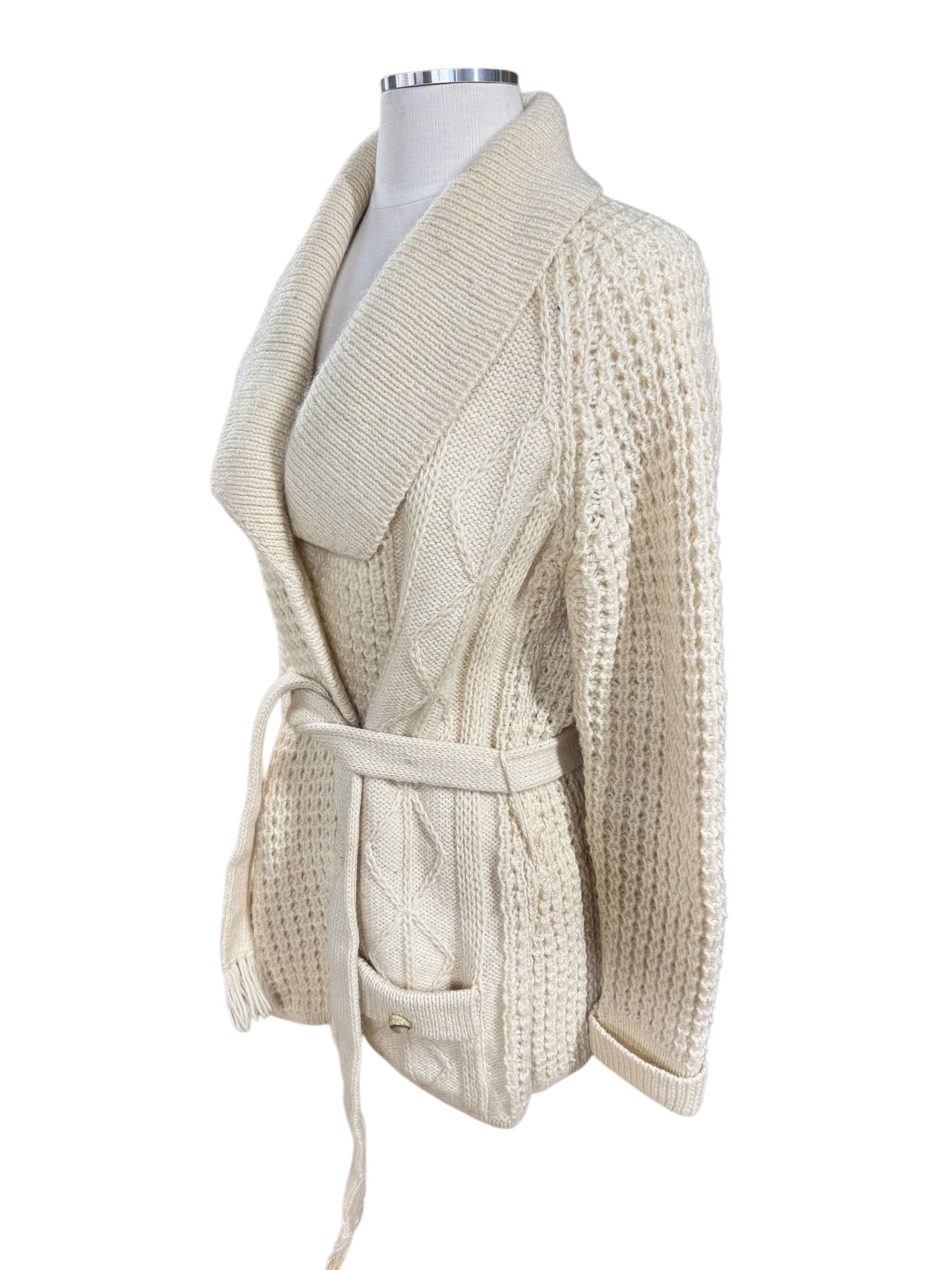 Side view of 1970s Gaeltarra Aran Wool Cardigan Sweater L