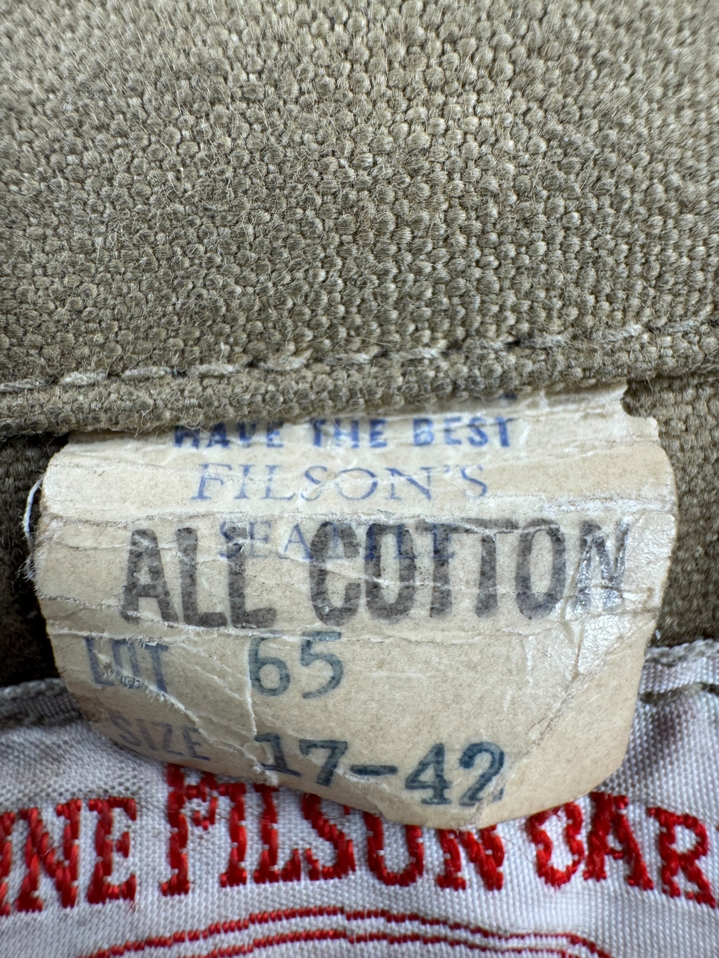 Close Up of Filson's Hang Tag on Vintage 1950s Filson Double Logger Tin Cloth Jacket SZ 42