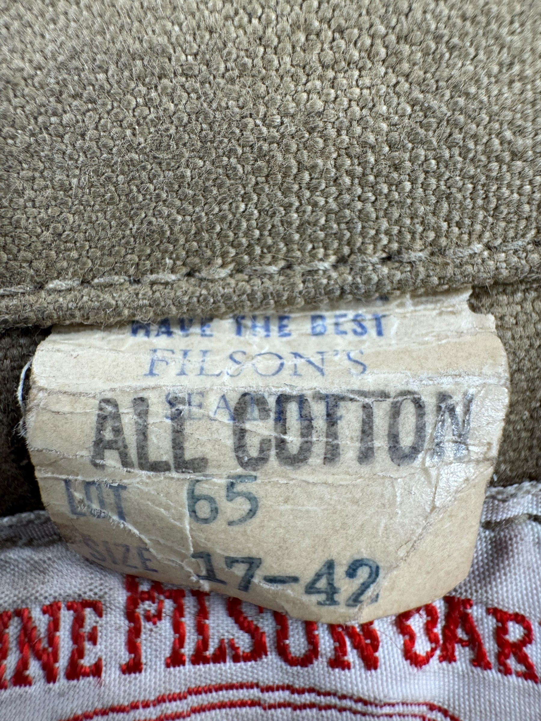 Close Up of Filson's Hang Tag on Vintage 1950s Filson Double Logger Tin Cloth Jacket SZ 42