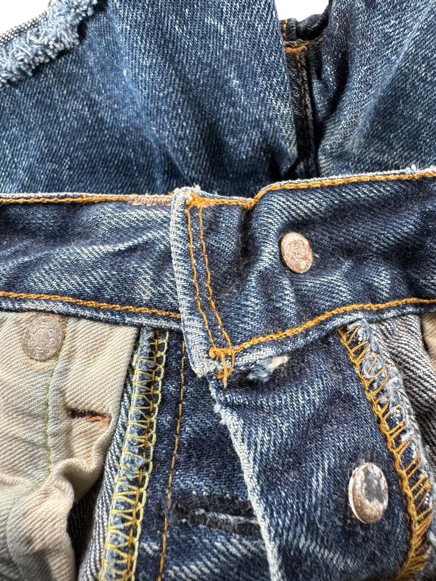 Inside waist band stitching on Vintage Dark Levis 501 Redline Cutoff Shorts W 26