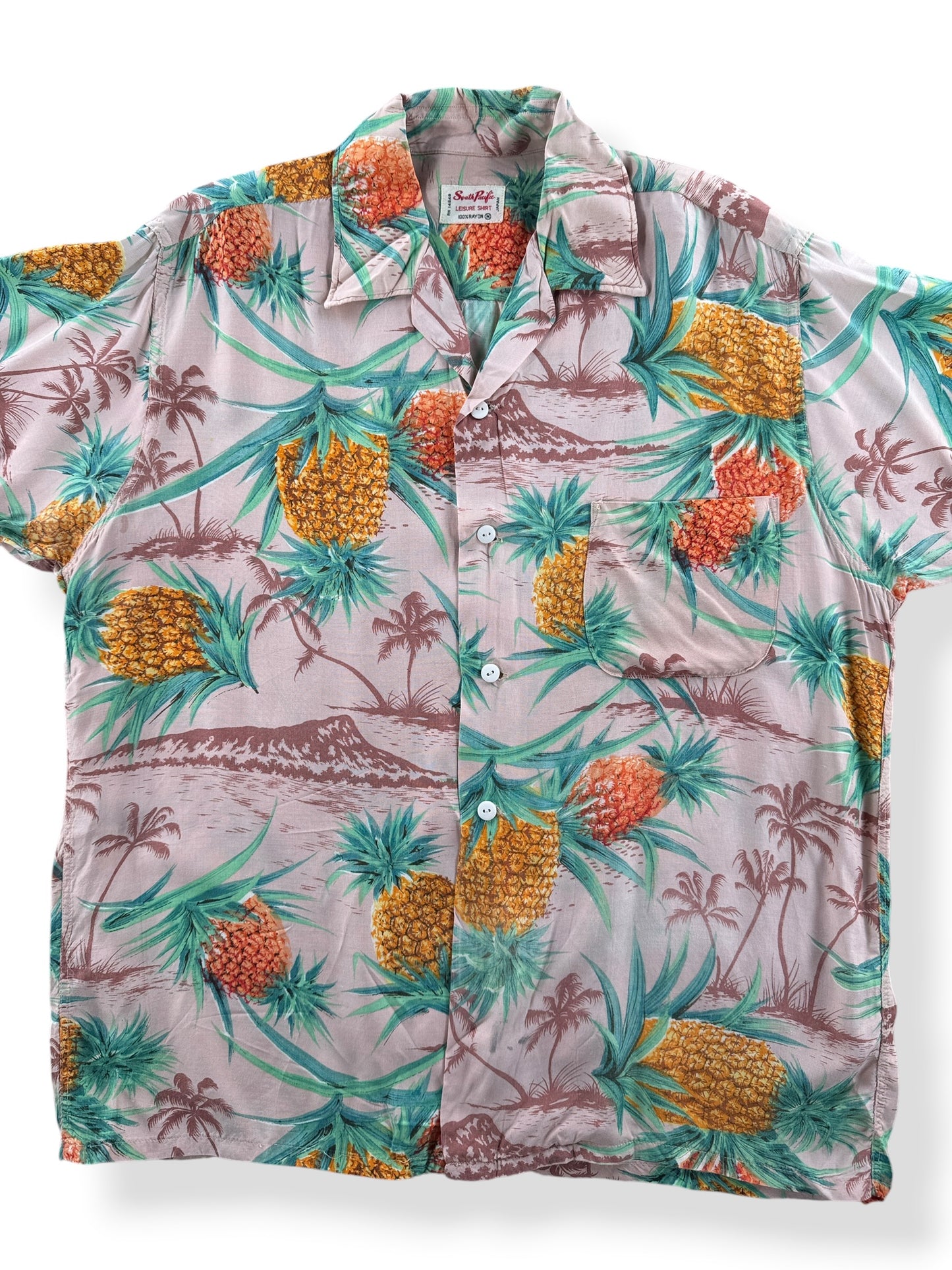 Front Close Up of Vintage South Pacific 100% Rayon Pineapple Aloha Shirt SZ M
