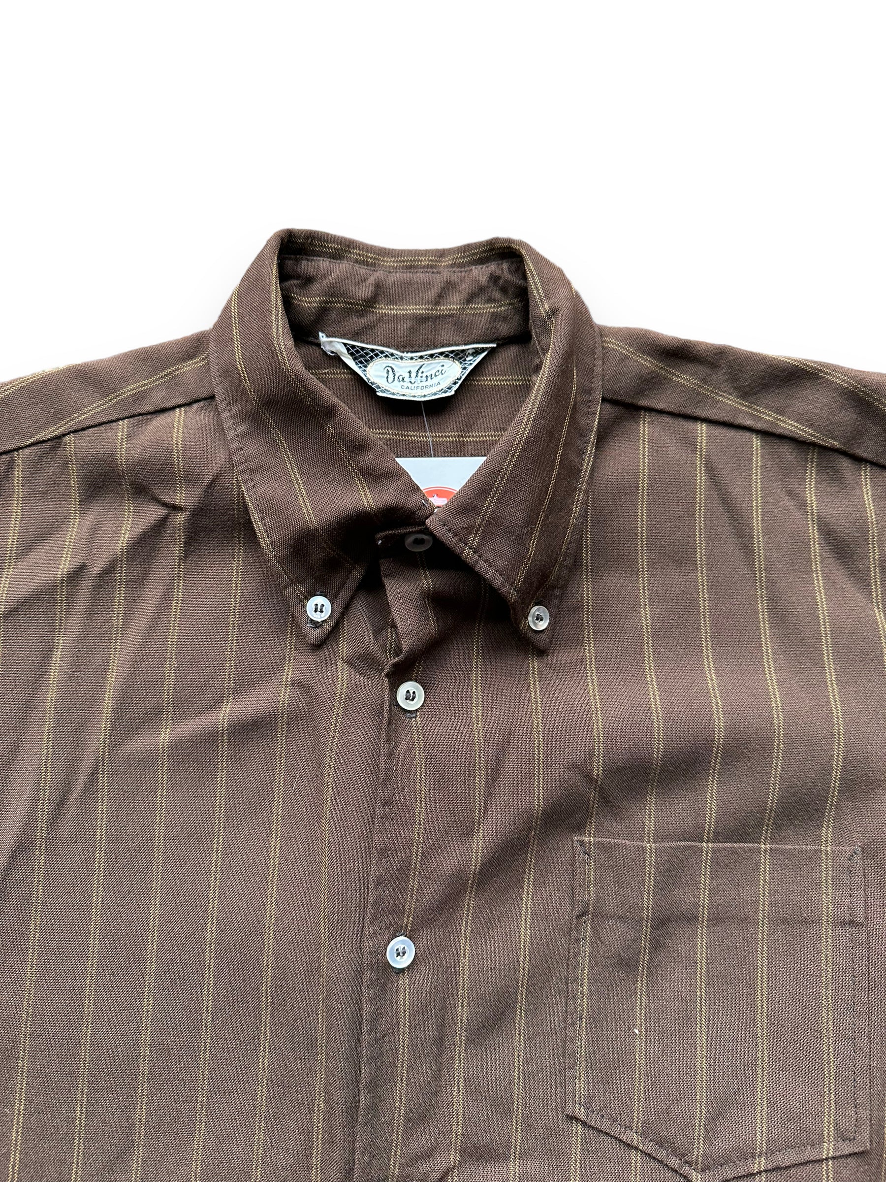 Upper Front View of Vintage Davinci Brown Stripe Short Sleeve Button Up Shirt SZ M | Vintage Button Up Shirt Seattle | Barn Owl Vintage Seattle
