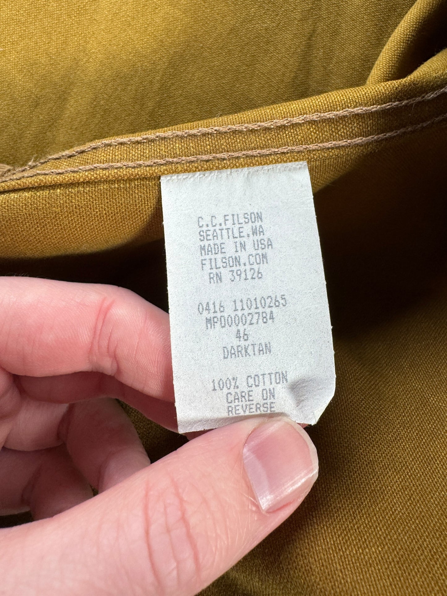 Tag on Filson Dark Tan Tin Cloth Vest SZ 46