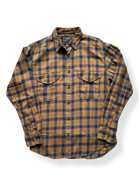 Front of Filson Brown Blue Plaid Cotton Shirt SZ S