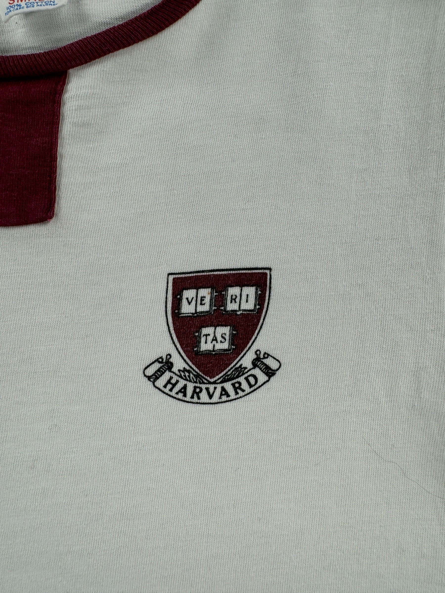 Graphic of Vintage Champion Blue Bar Harvard Ringer Tee SZ XS