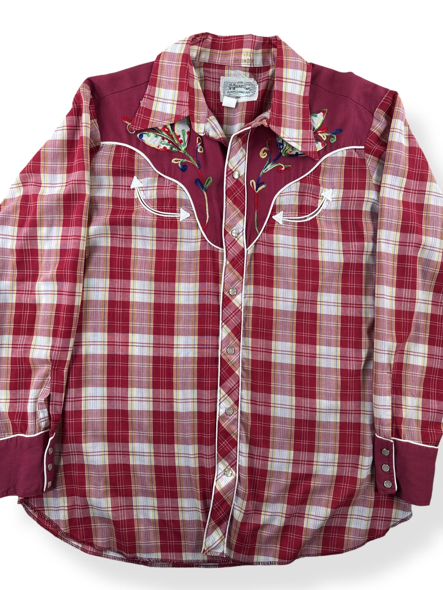Front Close Up of Vintage H Bar C Red Plaid Pearl Snap SZ L