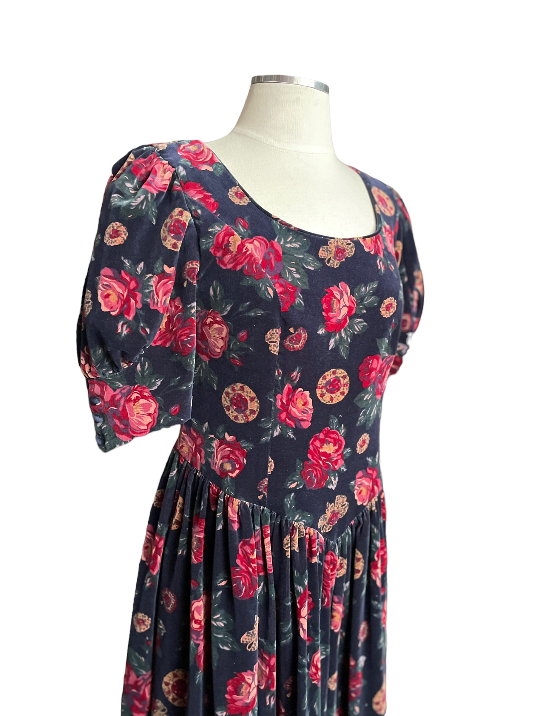 Front right top view of Vintage 1980s Laura Ashley Floral Velvet Dress | Seattle True Vintage Dresses | Barn Owl Vintage Ladies