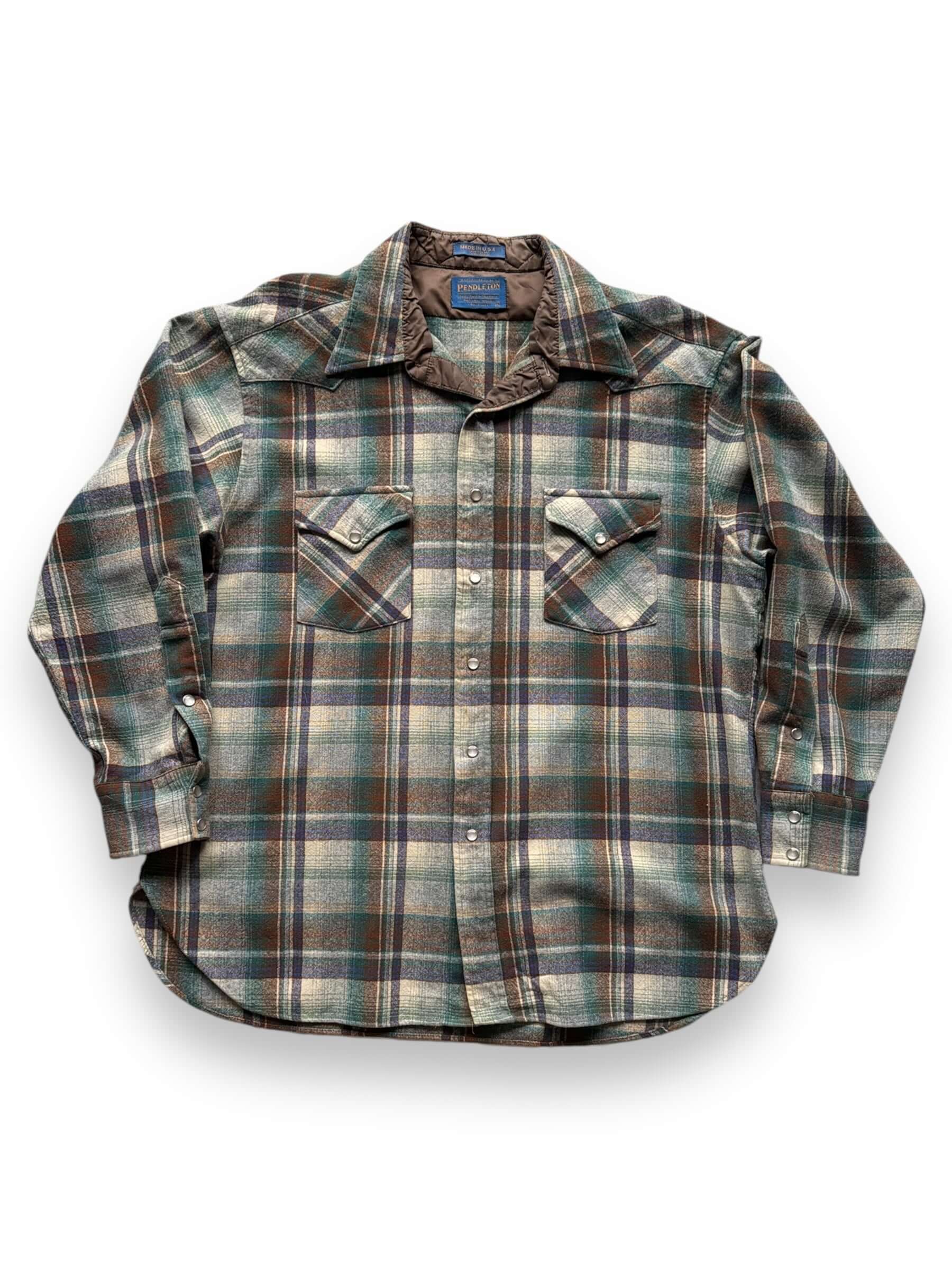 front of Vintage Pendleton Green/Brown Plaid Pearlsnap Flannel SZ XL