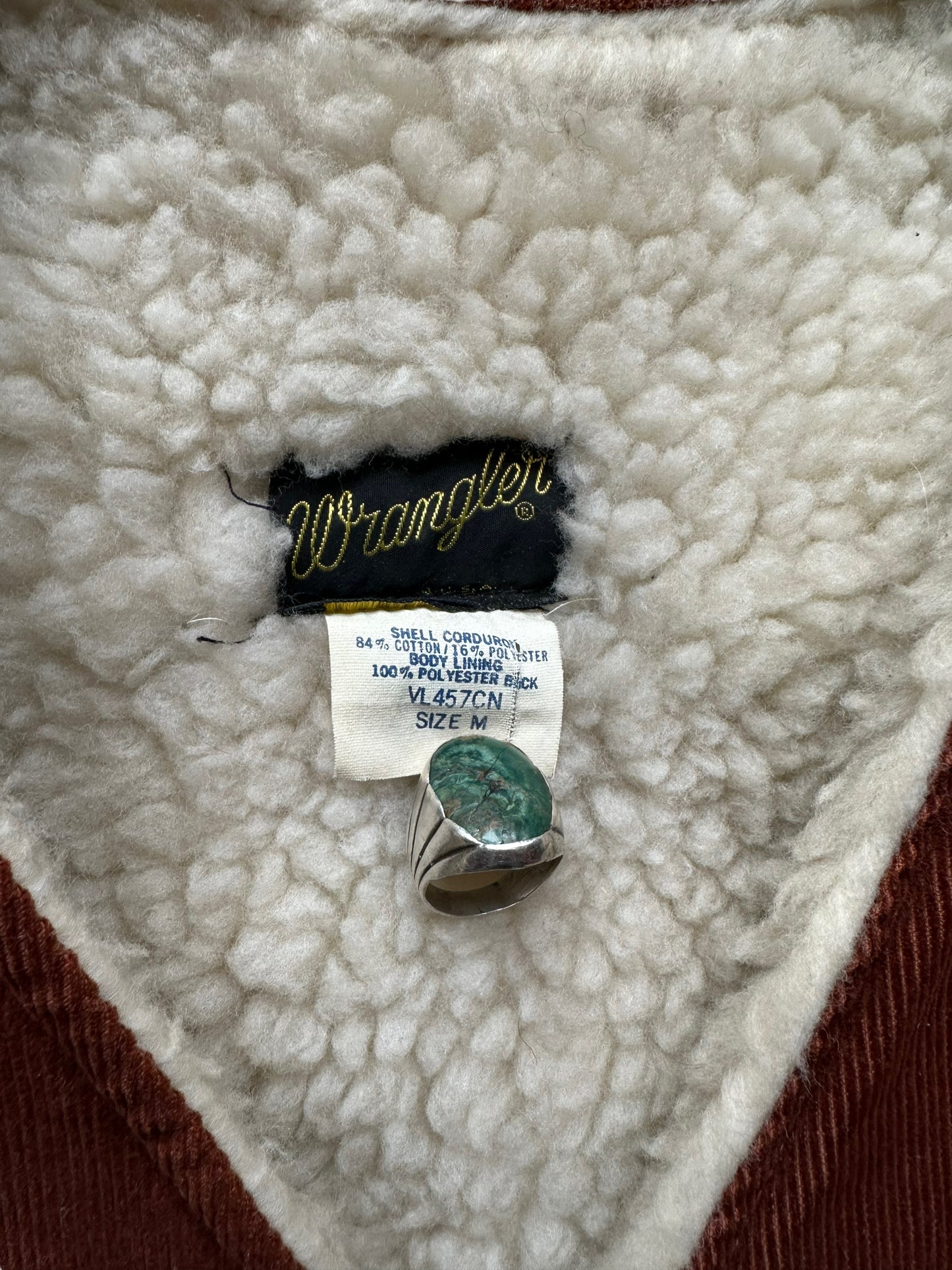 Tag View of Vintage Rust Colored Wrangler Shearling Vest SZ M | Vintage Sherpa Vest Seattle | Barn Owl Vintage Seattle