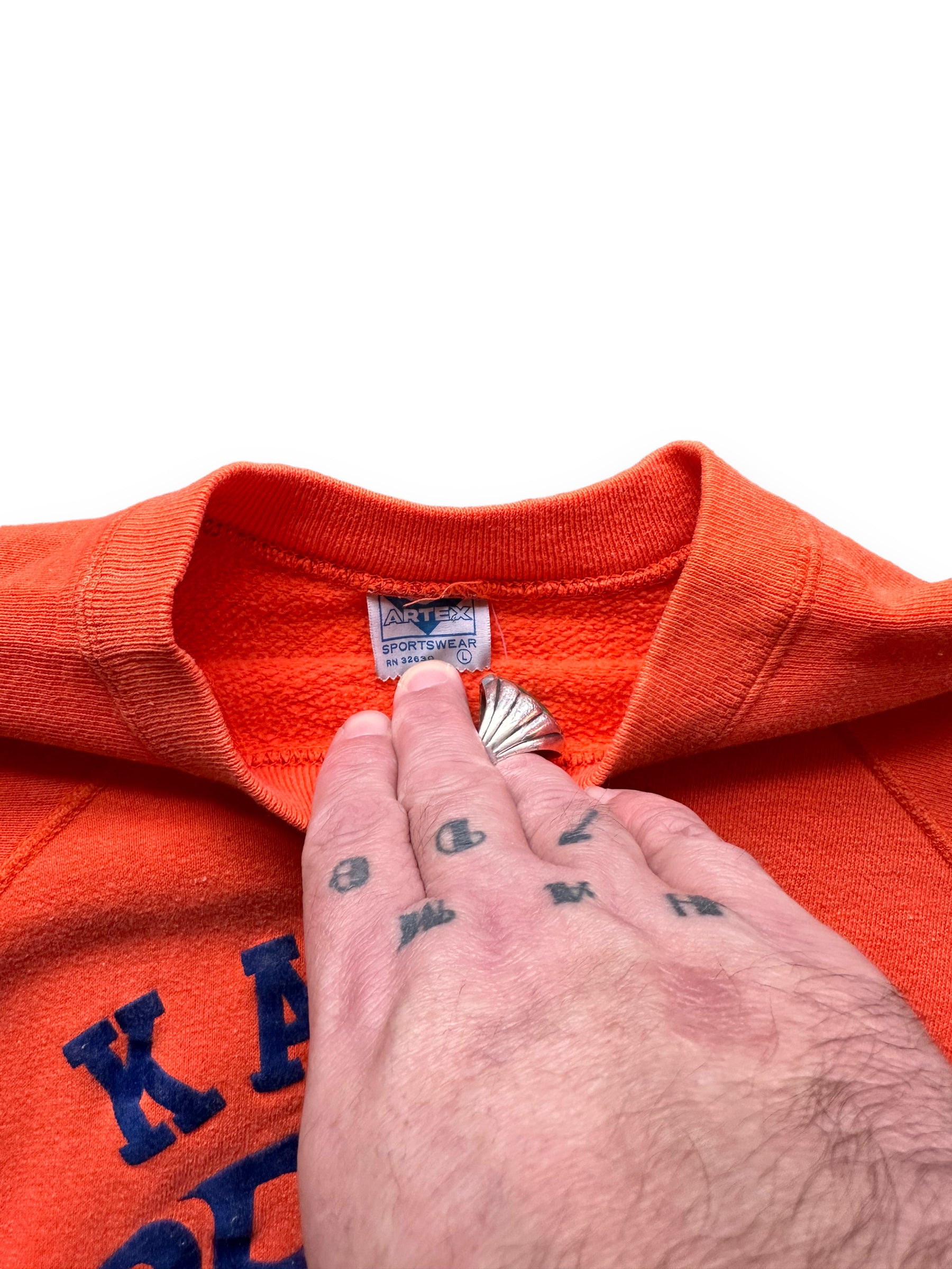 Tag View on Vintage Artex Kansas University 1969 Orange Bowl Short Sleeve Crewneck Sweatshirt SZ L | Barn Owl Vintage Clothing | Seattle Vintage Sweatshirts
