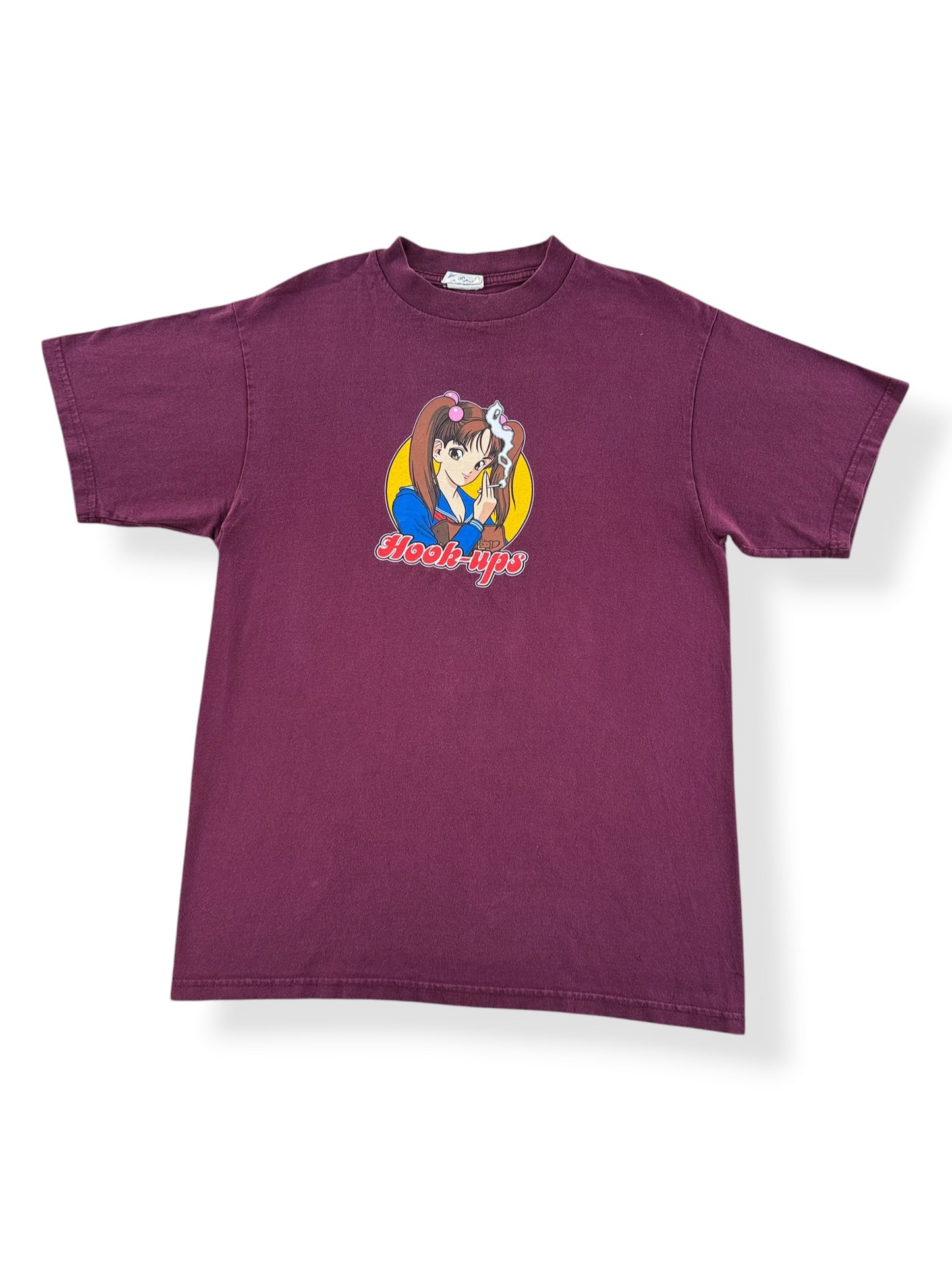 Front of Vintage Hook Ups Burgundy Smoking Girl Tee SZ L