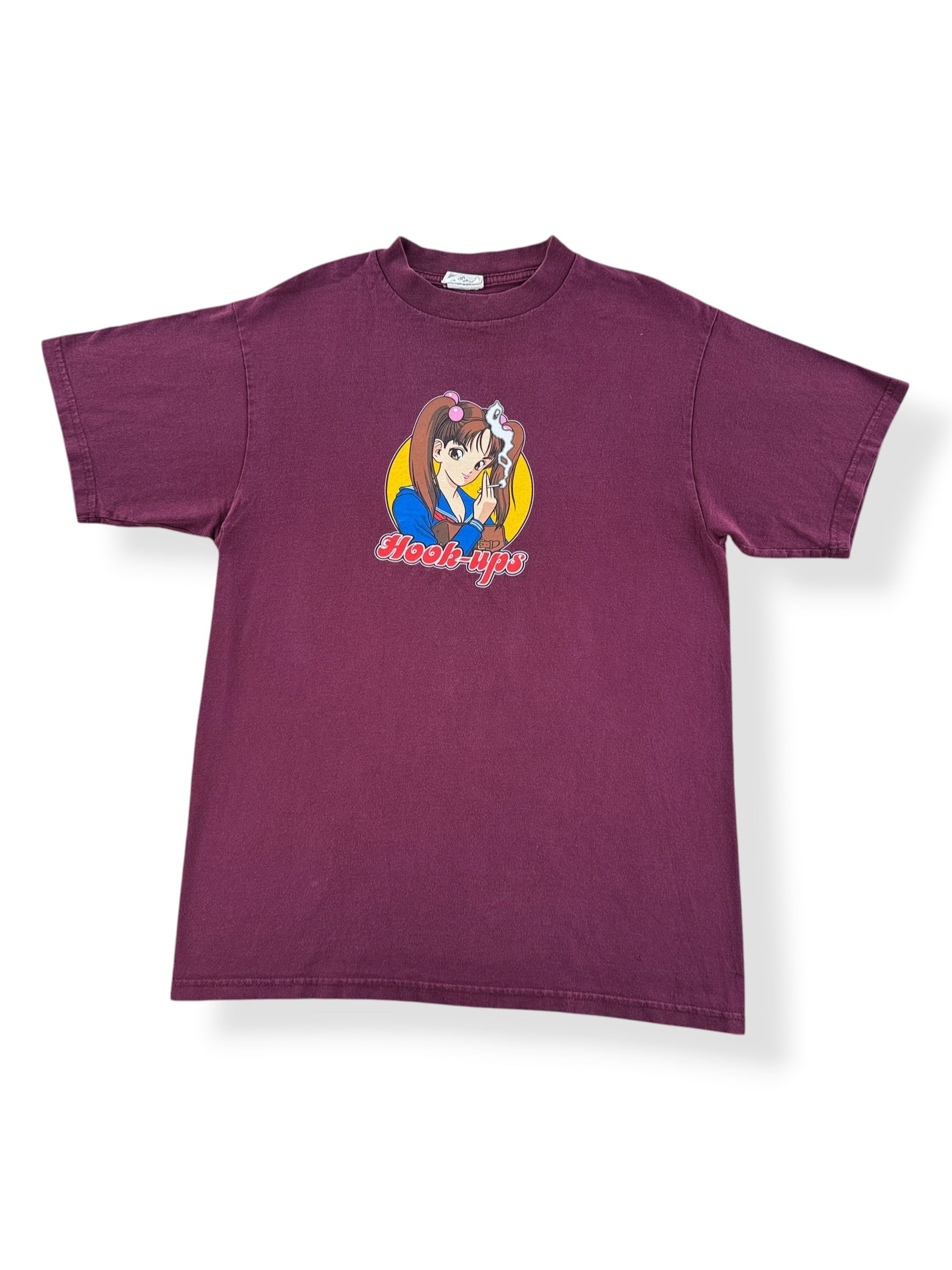 Front of Vintage Hook Ups Burgundy Smoking Girl Tee SZ L