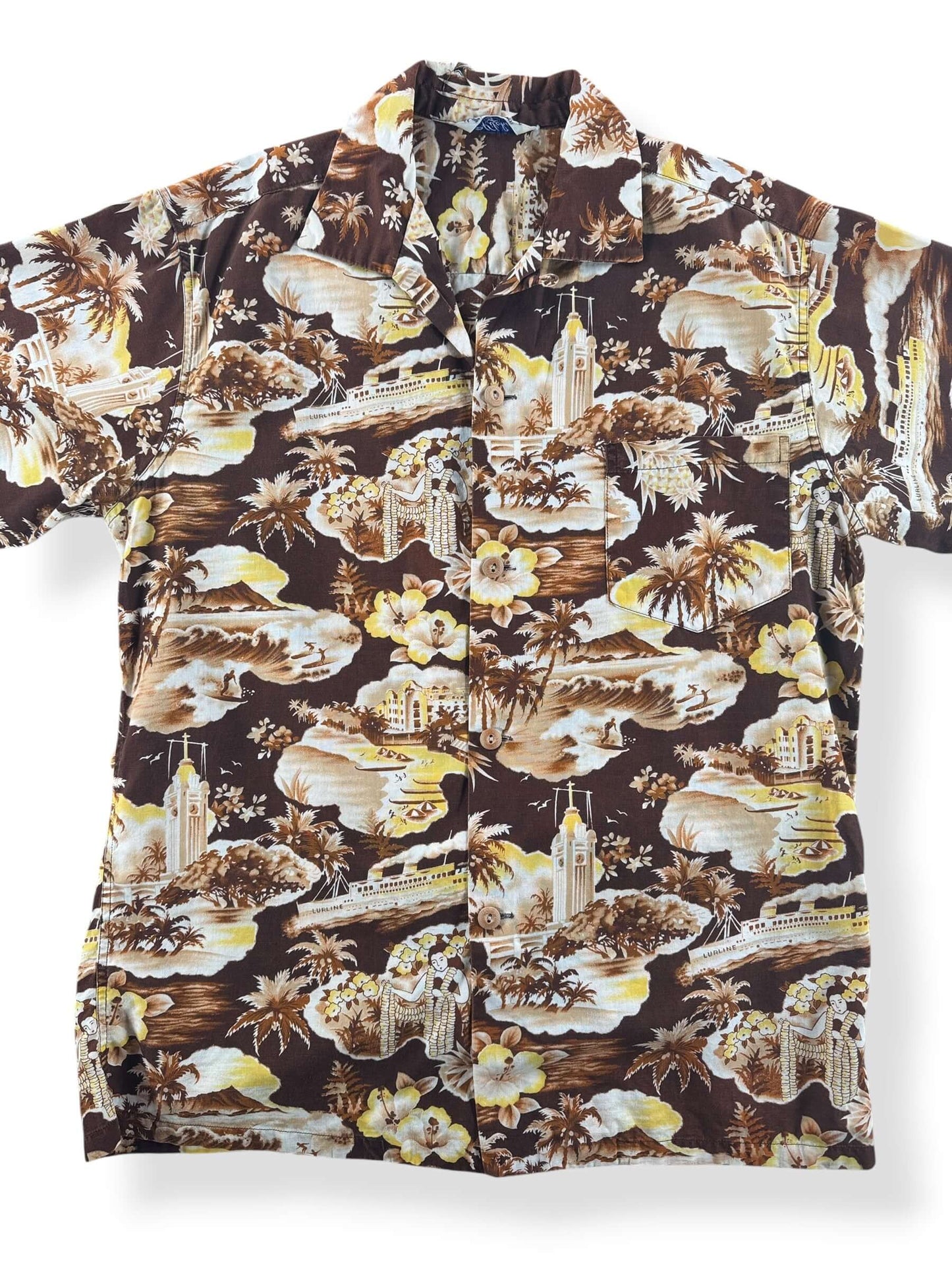 Front Close Up of Vintage Kilohana Hawaiian Motif Aloha Shirt SZ M