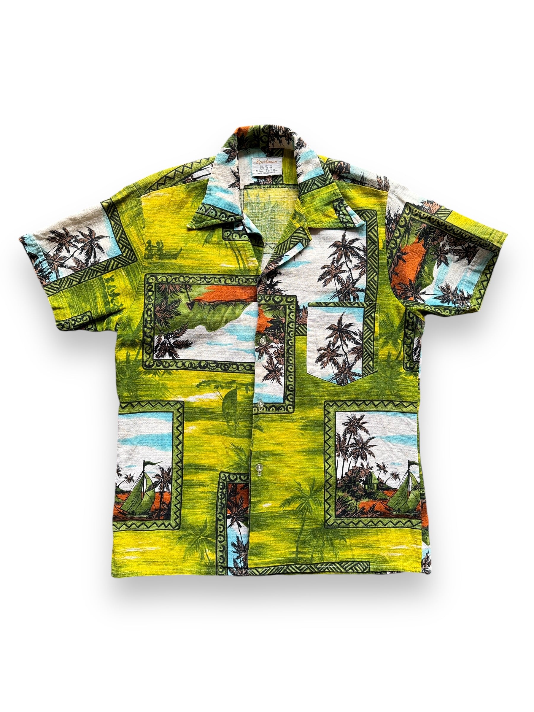 front of Vintage Sportsman Barkcloth Aloha Shirt SZ M