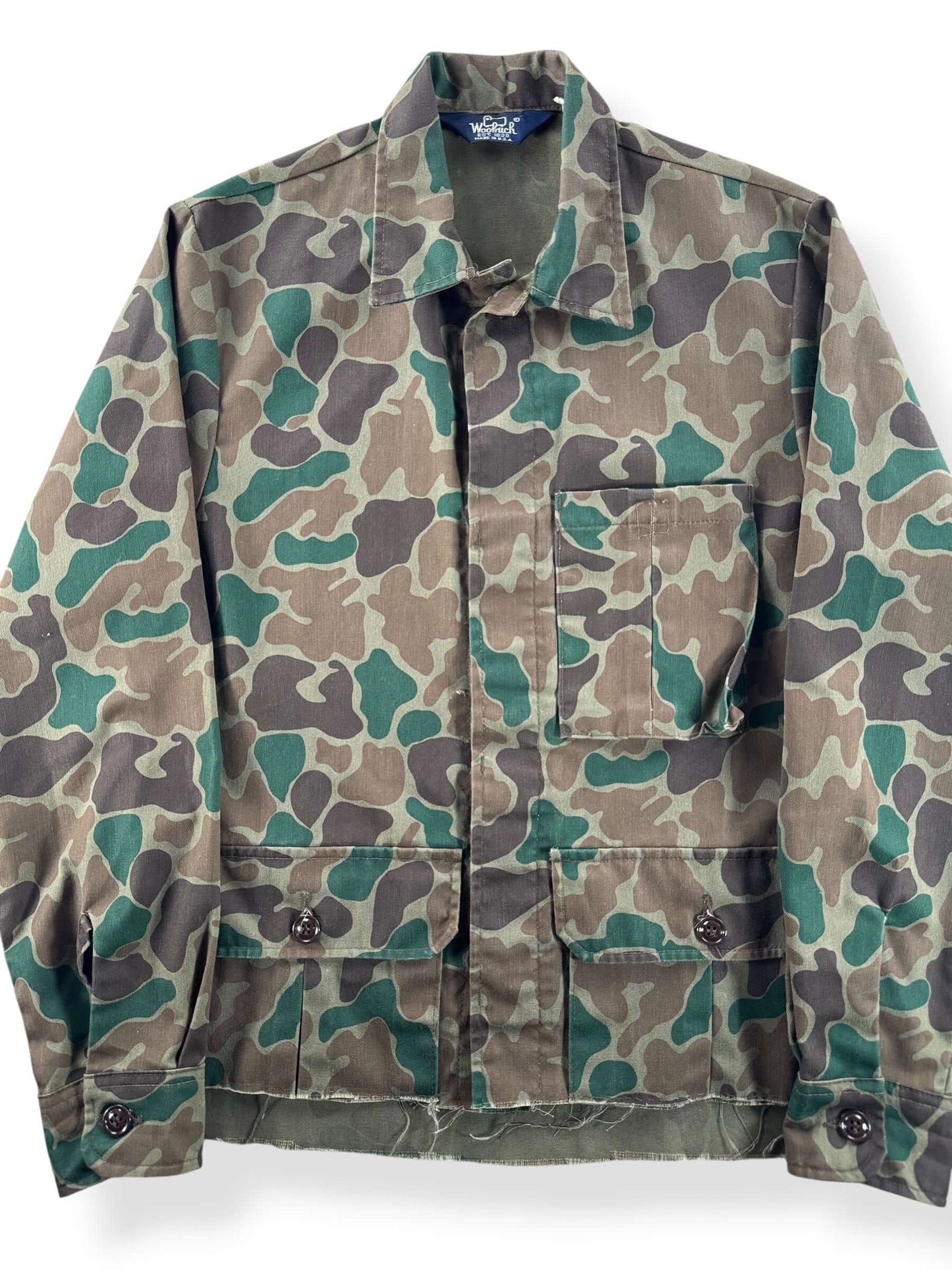 Front Close Up of Vintage Woolrich Duck Camo Jacket SZ M - AS IS