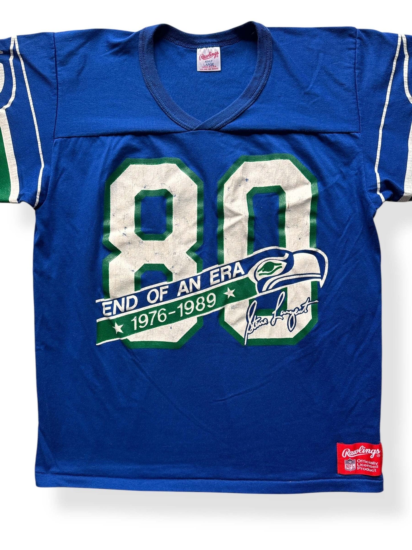 Front Close Up of Vintage Steve Largent Retirement Jersey SZ L