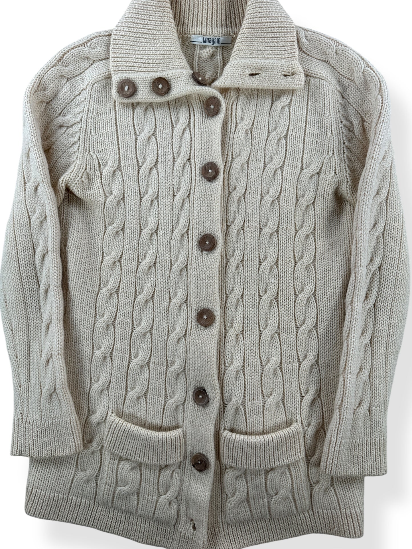 Front Close Up of Vintage 70s I Magnin Cable Knit Cardigan SZ XS