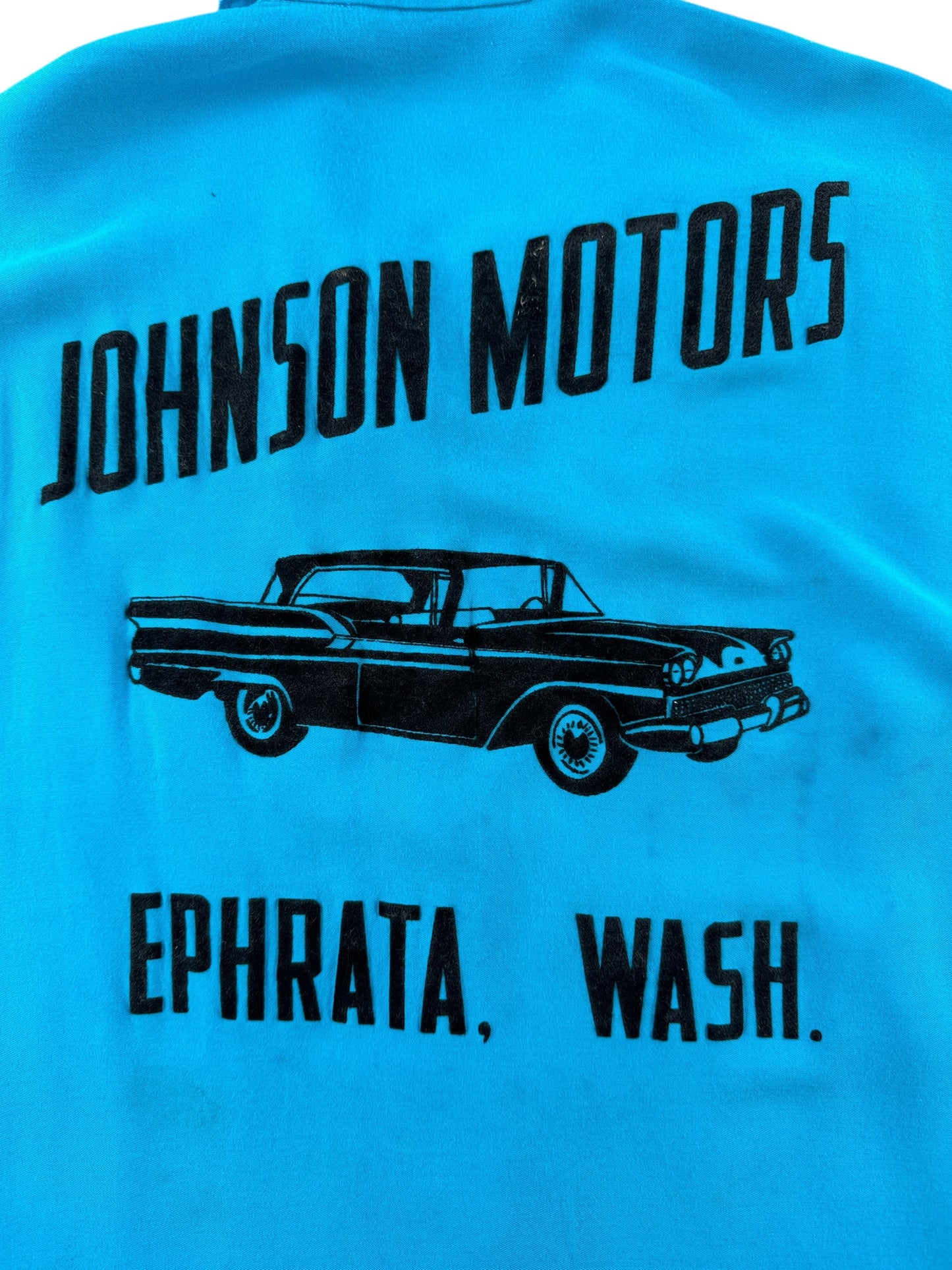 Back Graphic of Vintage Johnson Motors Ephrata WA Bowling Shirt SZ M