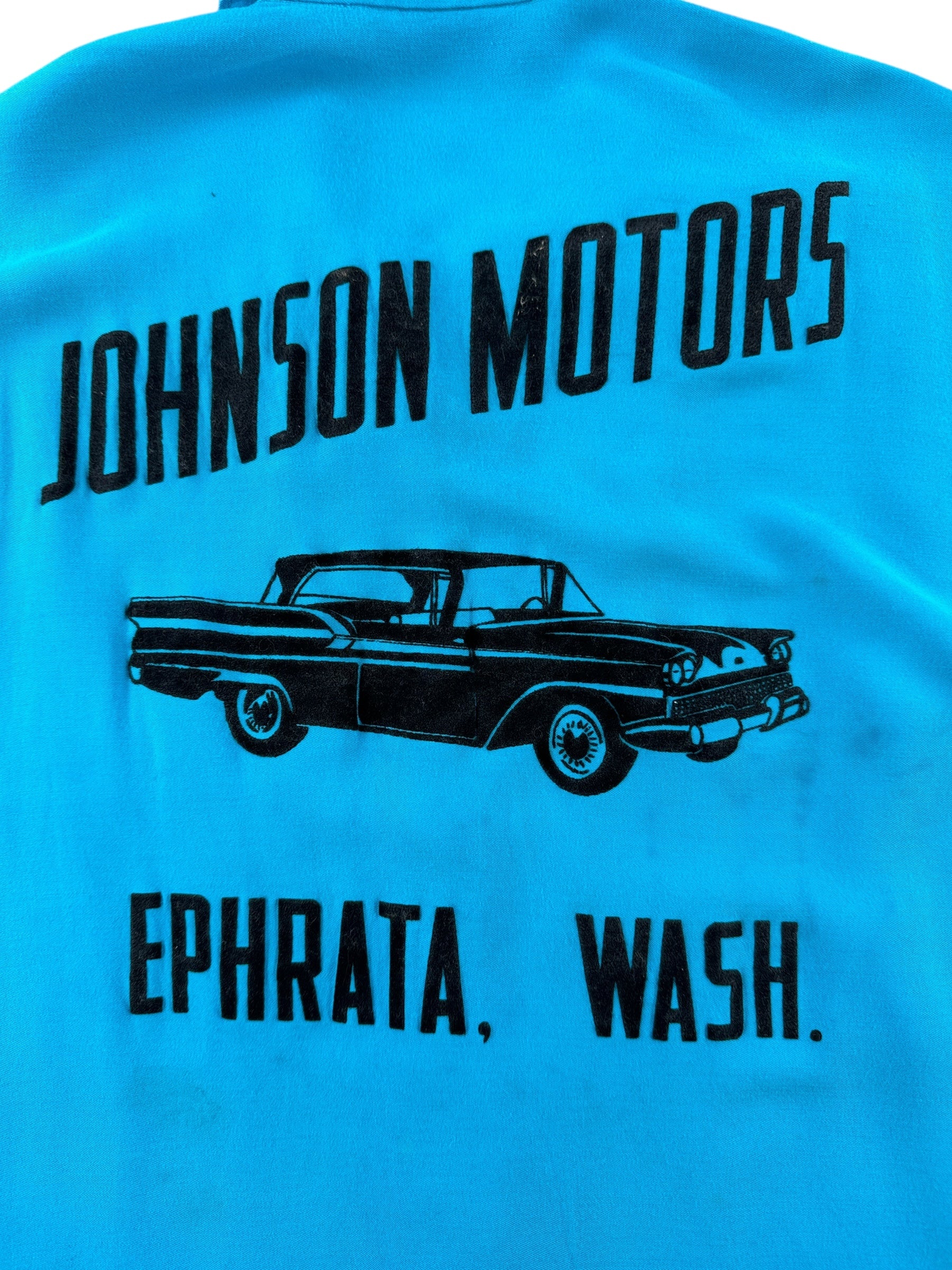 Back Graphic of Vintage Johnson Motors Ephrata WA Bowling Shirt SZ M