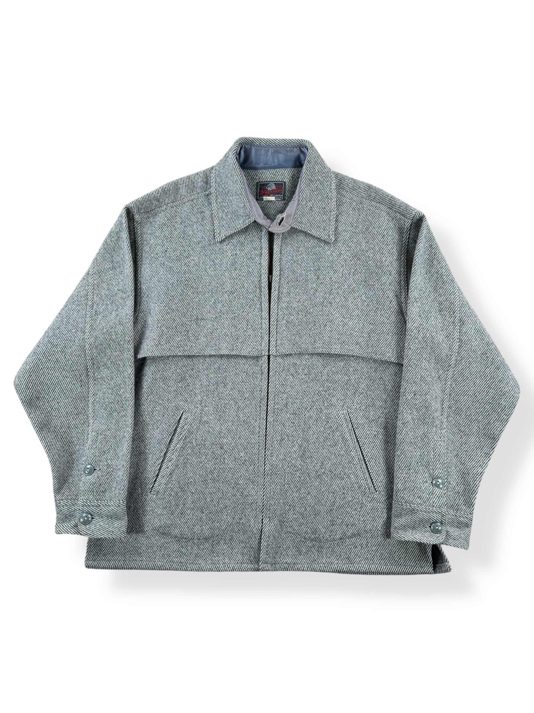 Front of Vintage Johnson Woolen Mills Grey Herringbone Jacket SZ XL