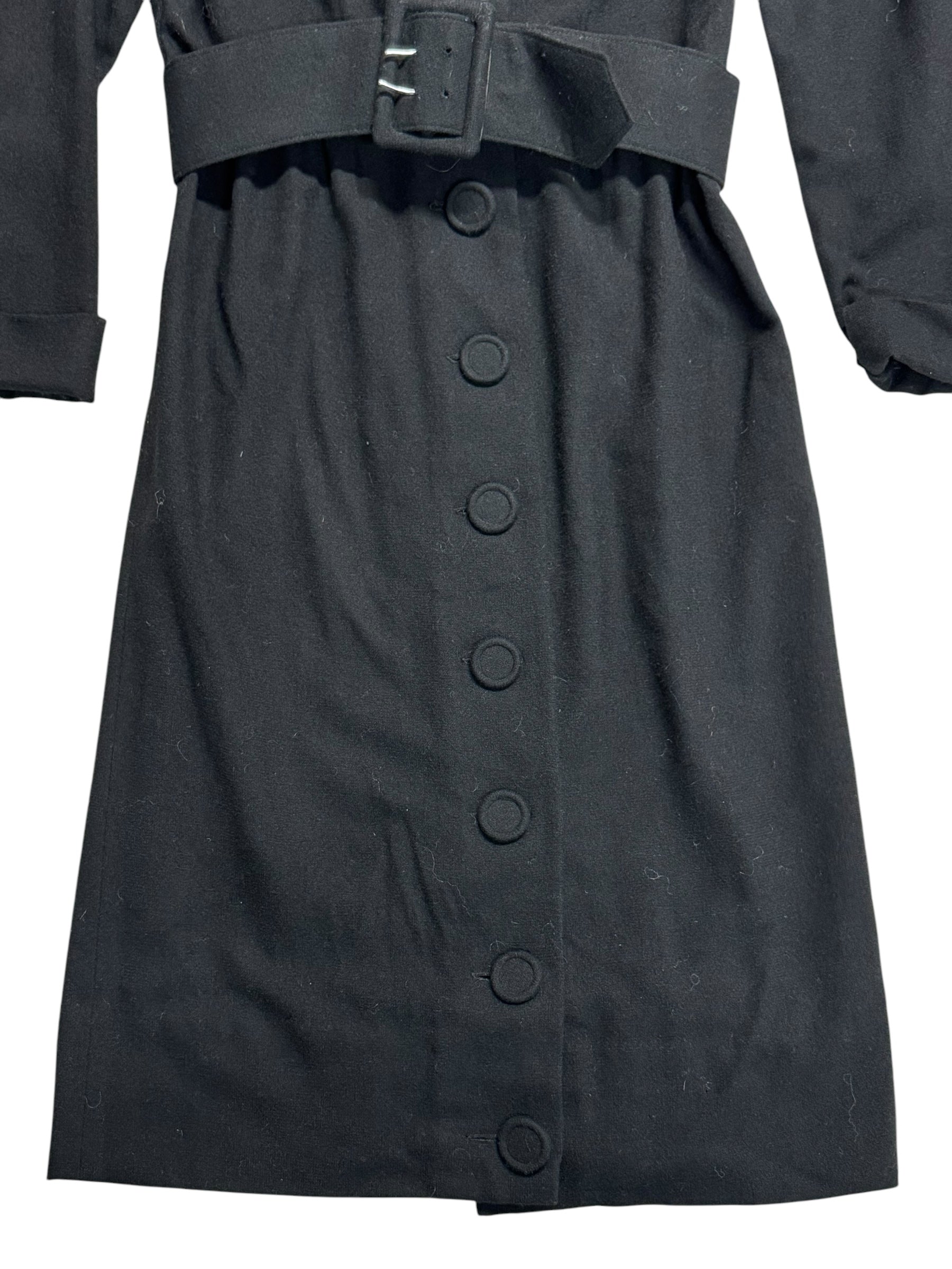 Bottom front view of 1960s Black Wool Button Up Dress S