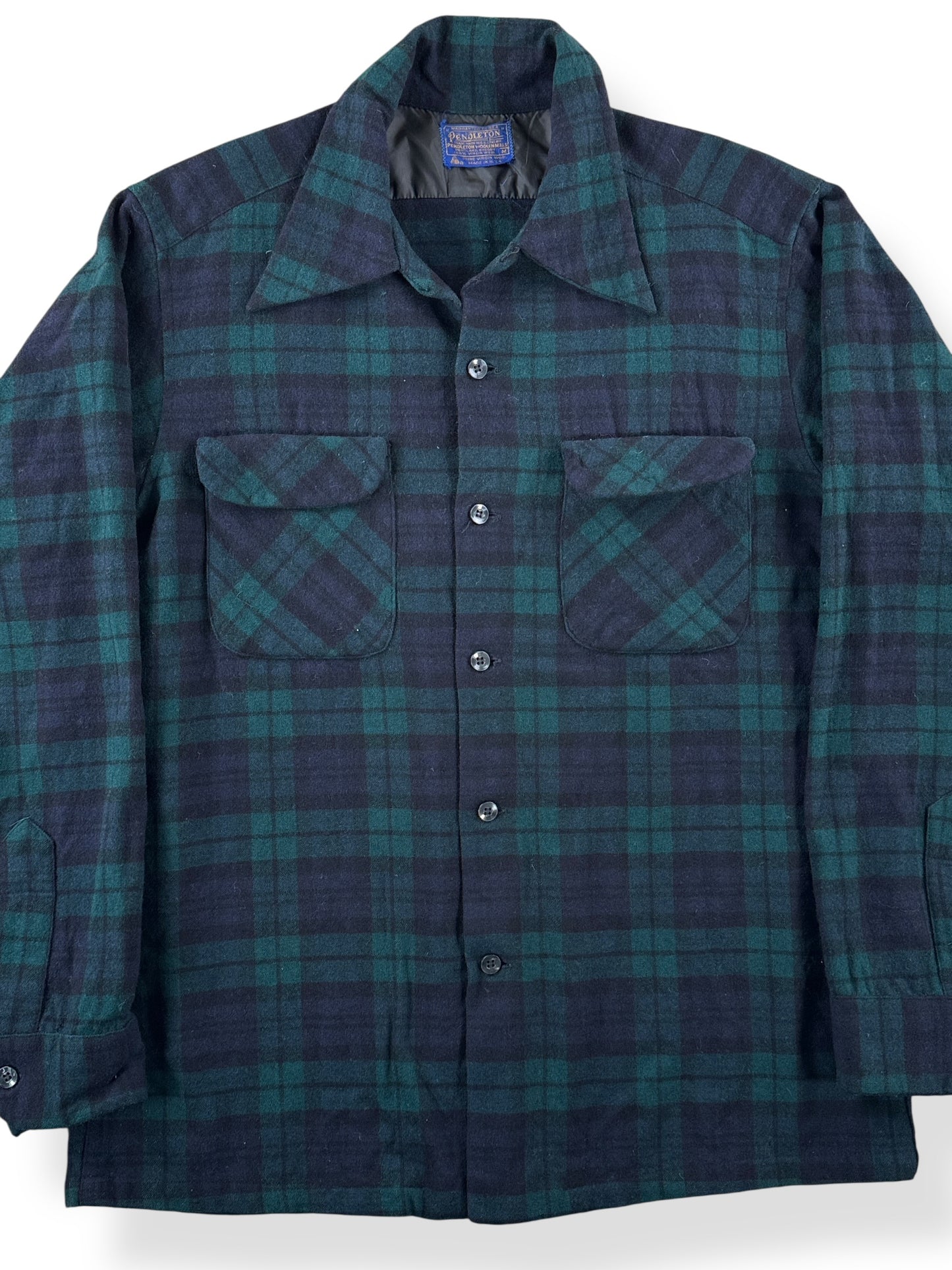 Front Close Up of Vintage Pendleton Black Watch Tartan Board Shirt SZ M