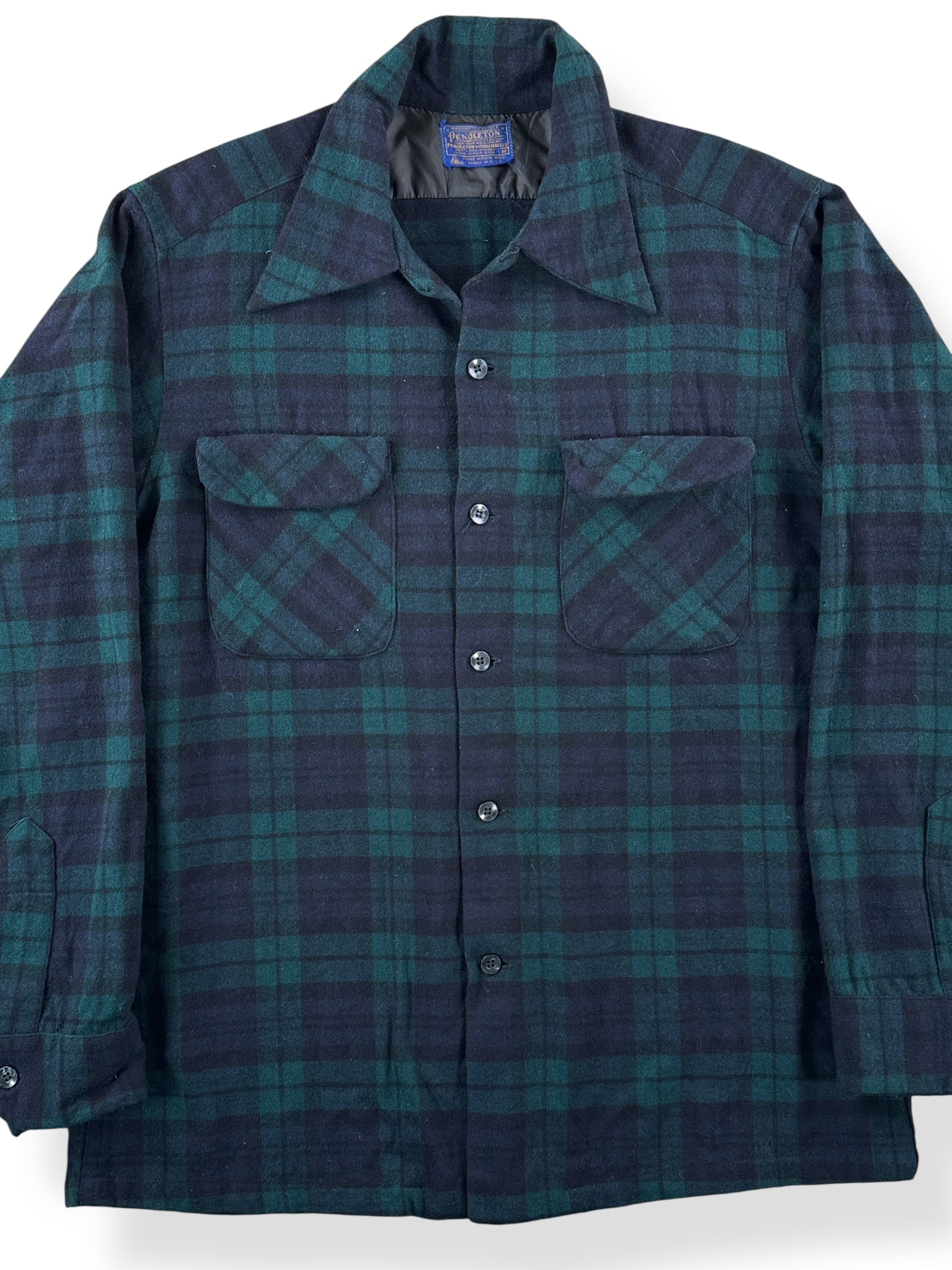 Front Close Up of Vintage Pendleton Black Watch Tartan Board Shirt SZ M