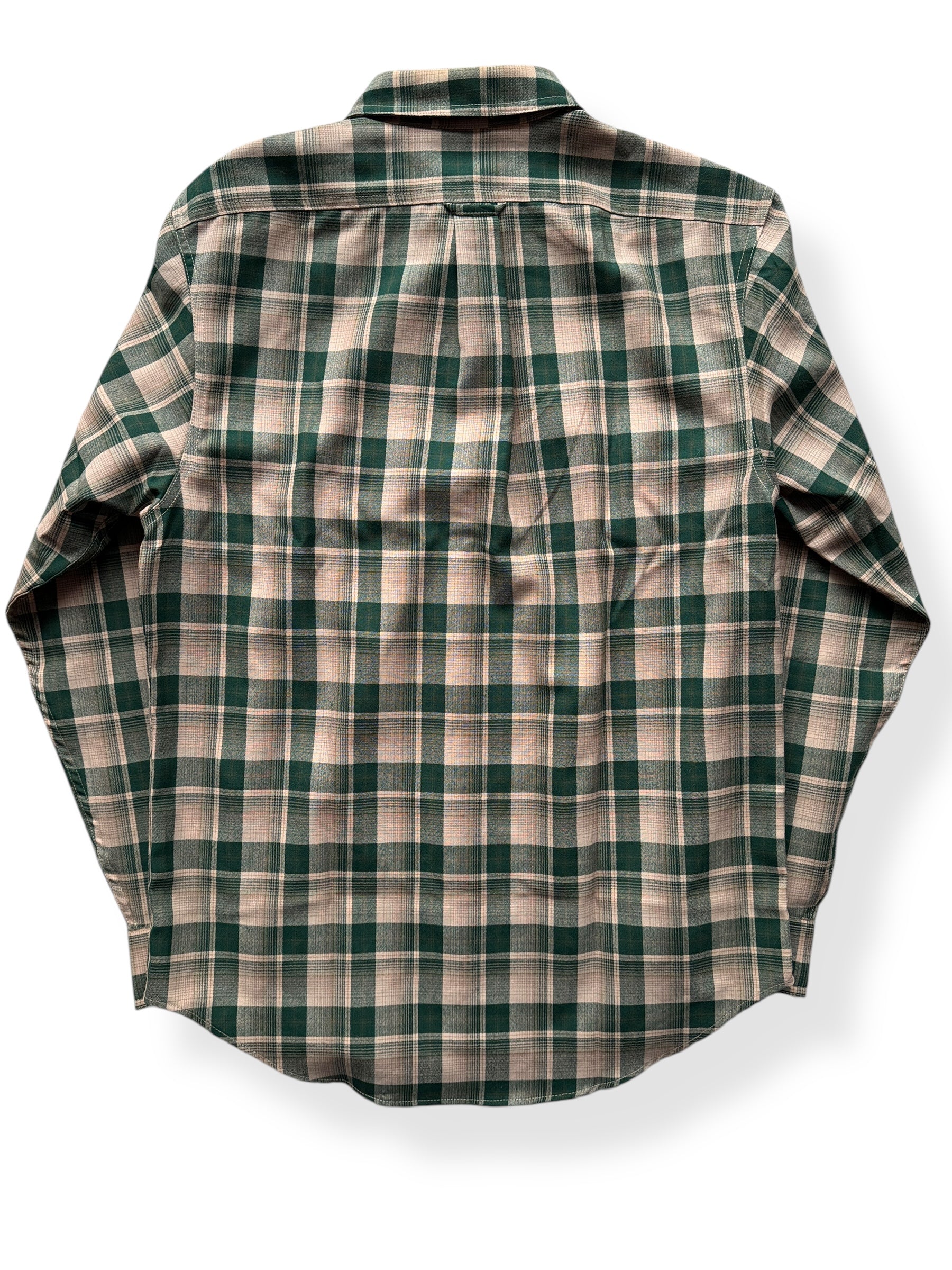 Back of Filson Merino Wool Green Tan Plaid Guide Shirt SZ S