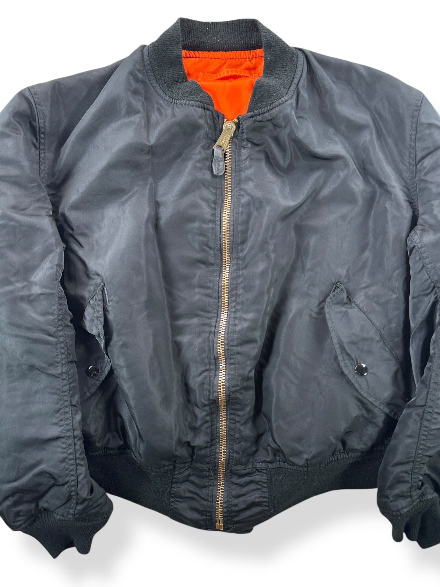 Front Close Up of Vintage Alpha Industries Vietnam Era MA1 Bomber Jacket SZ