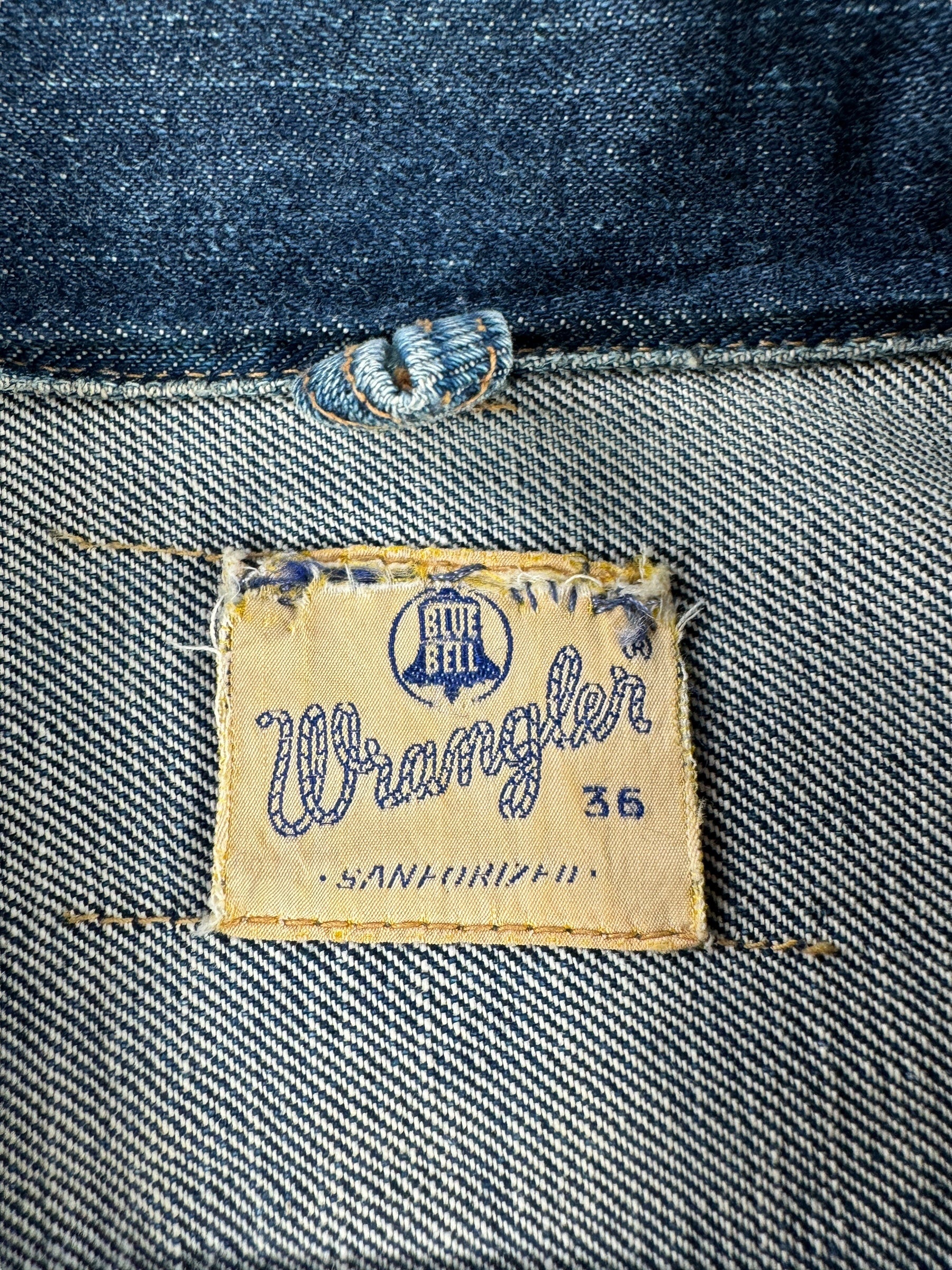 Label on Vintage Wrangler Blue Bell 11MJZ Trucker Jacket SZ 36