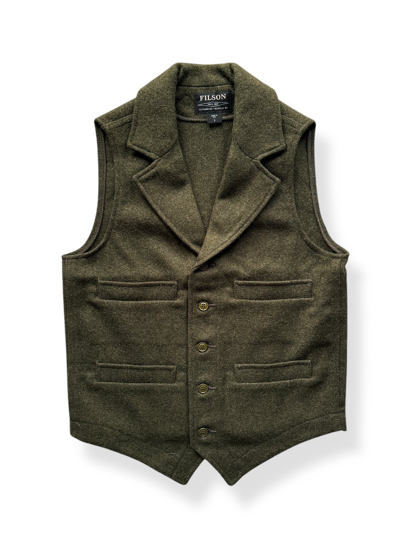 Front of Filson Mackinaw Wool Forest Green Western Vest SZ S