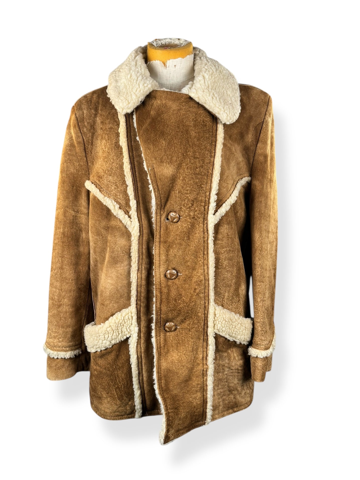 Front of 1970s Grais Suede Shearling Coat L