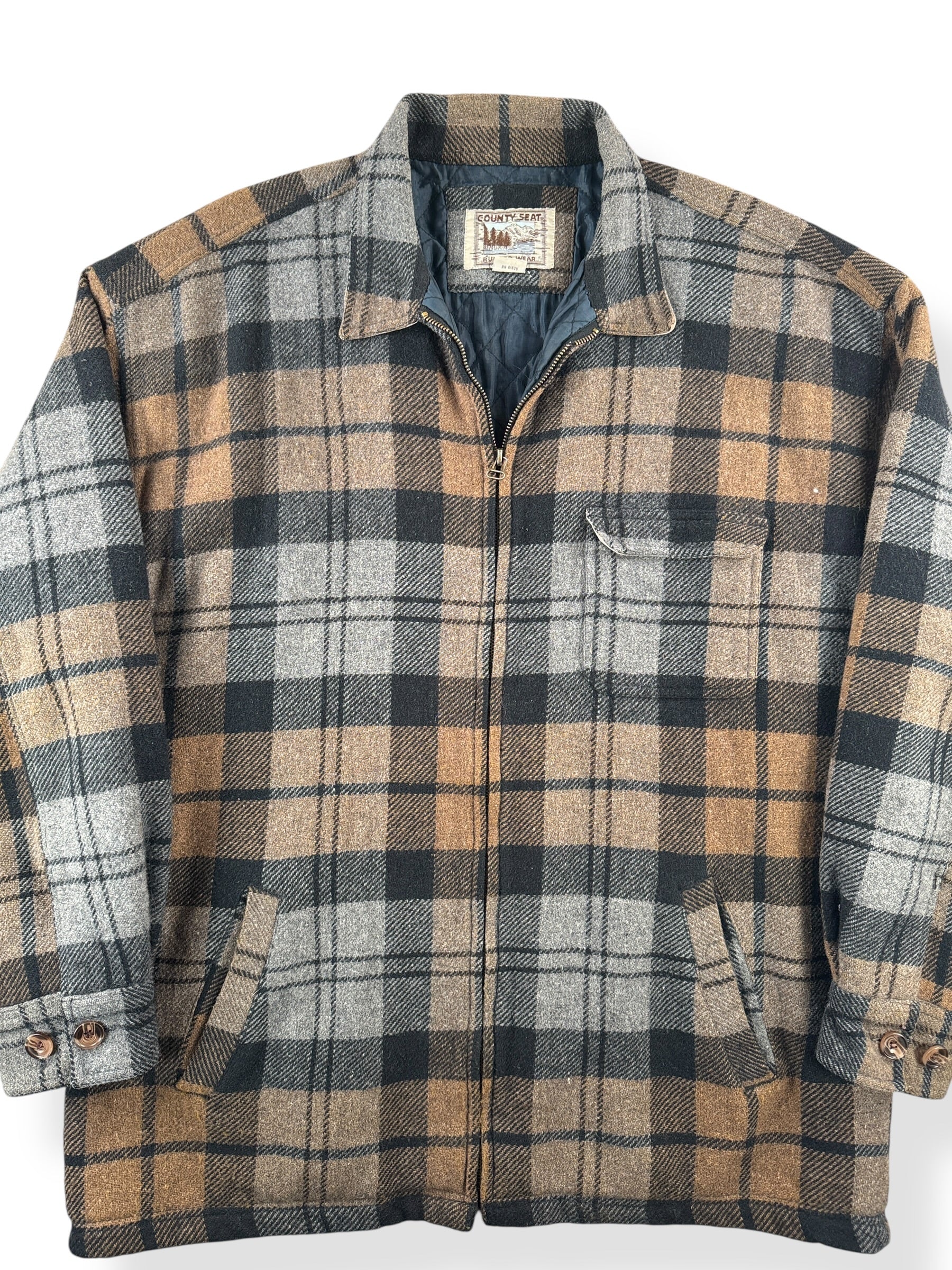 Front Close Up of Vintage Country Seat Zip Up Flannel SZ XL