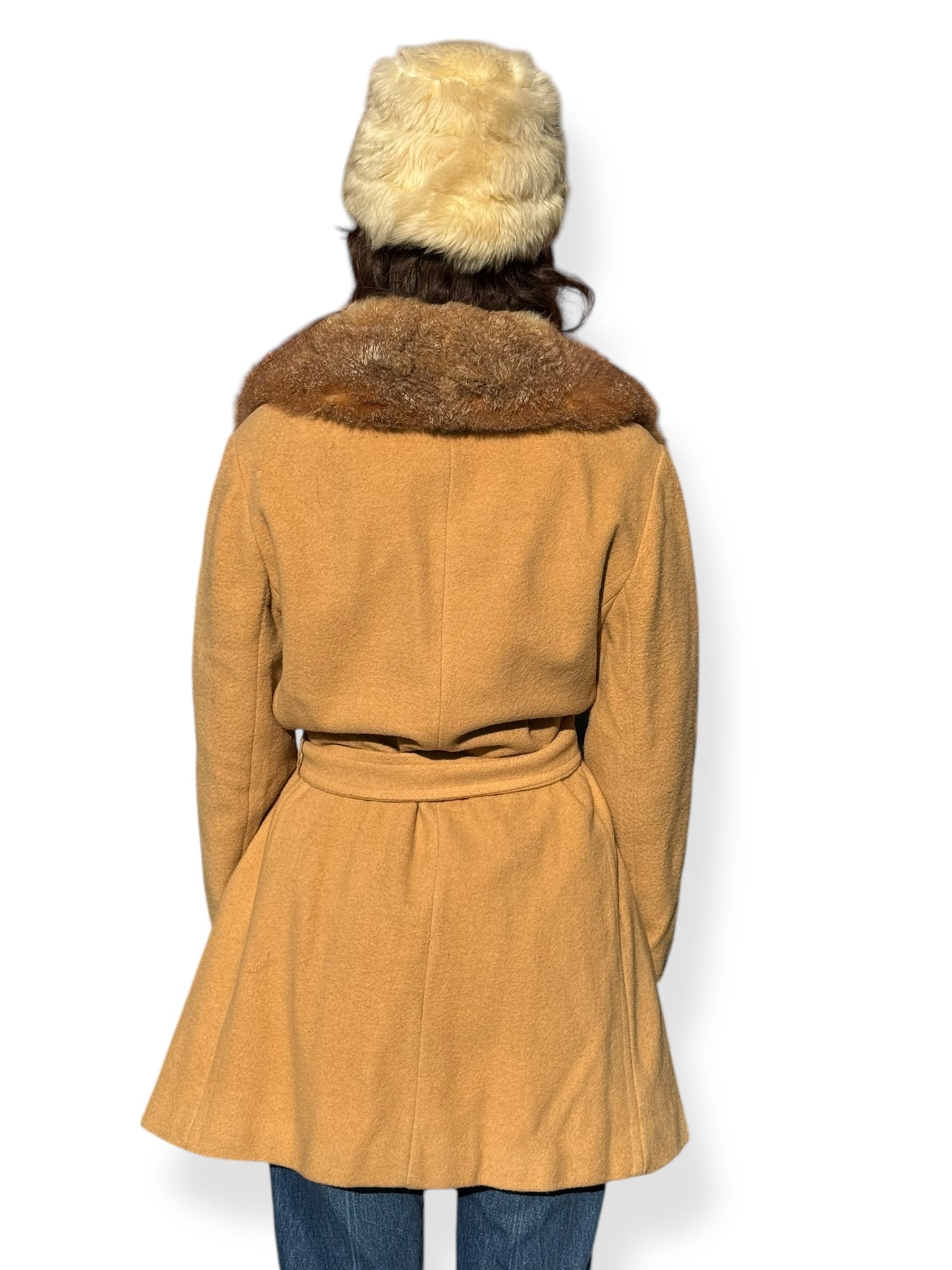 1960s Belted Camel Coat with Fur Collar M