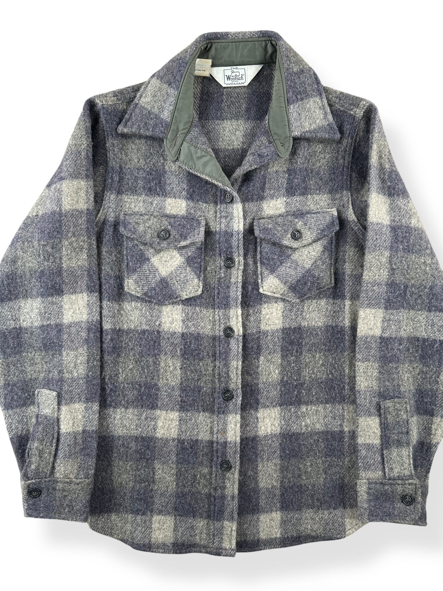 Front Close Up of Vintage Woolrich Woman Grey Plaid Shirt Jac SZ 12