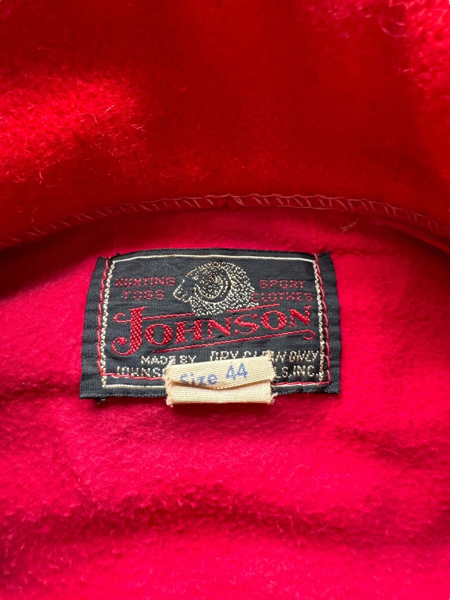 tag on Vintage Johnson Woolen Mills Red Wool Jacket SZ 44